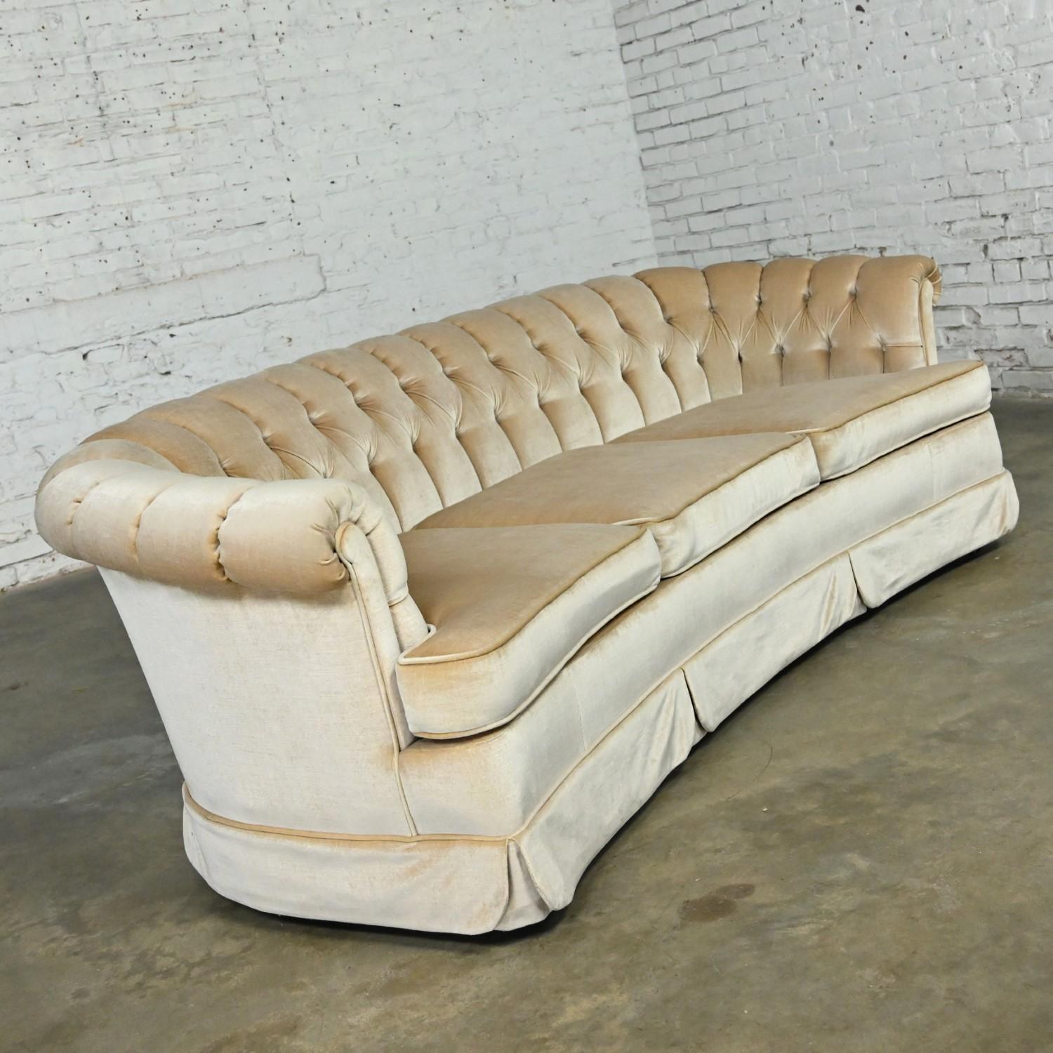 Hollywood Regency Curved Sofa Beige Velvet Button Tufted Lee Harvey for Maddox 13