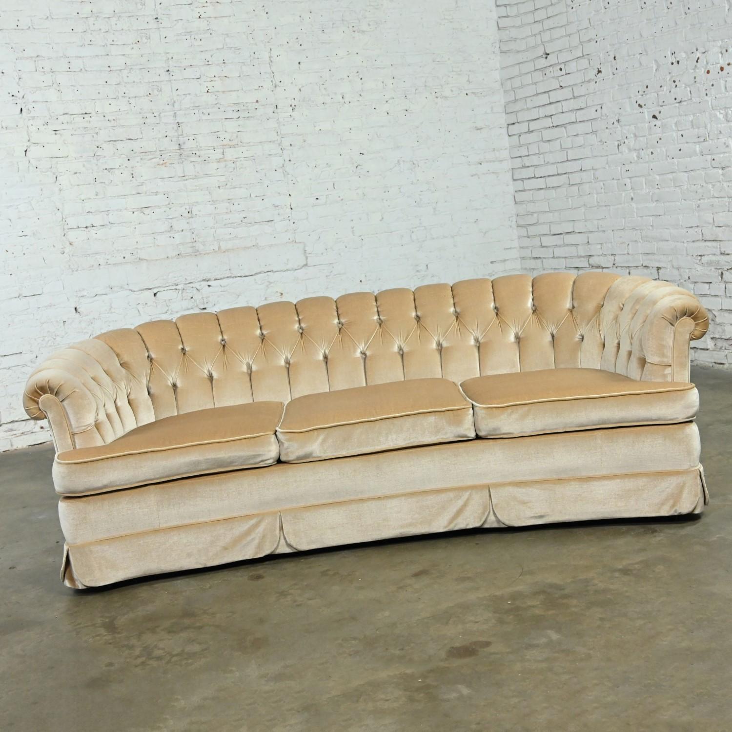 American Hollywood Regency Curved Sofa Beige Velvet Button Tufted Lee Harvey for Maddox 