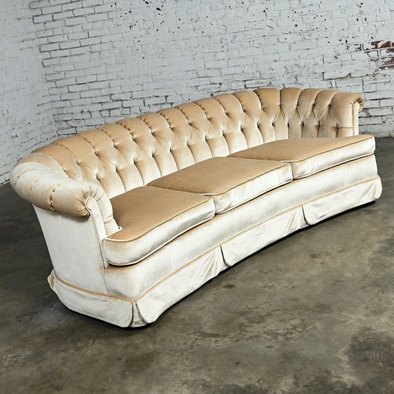 Fabric Hollywood Regency Curved Sofa Beige Velvet Button Tufted Lee Harvey for Maddox