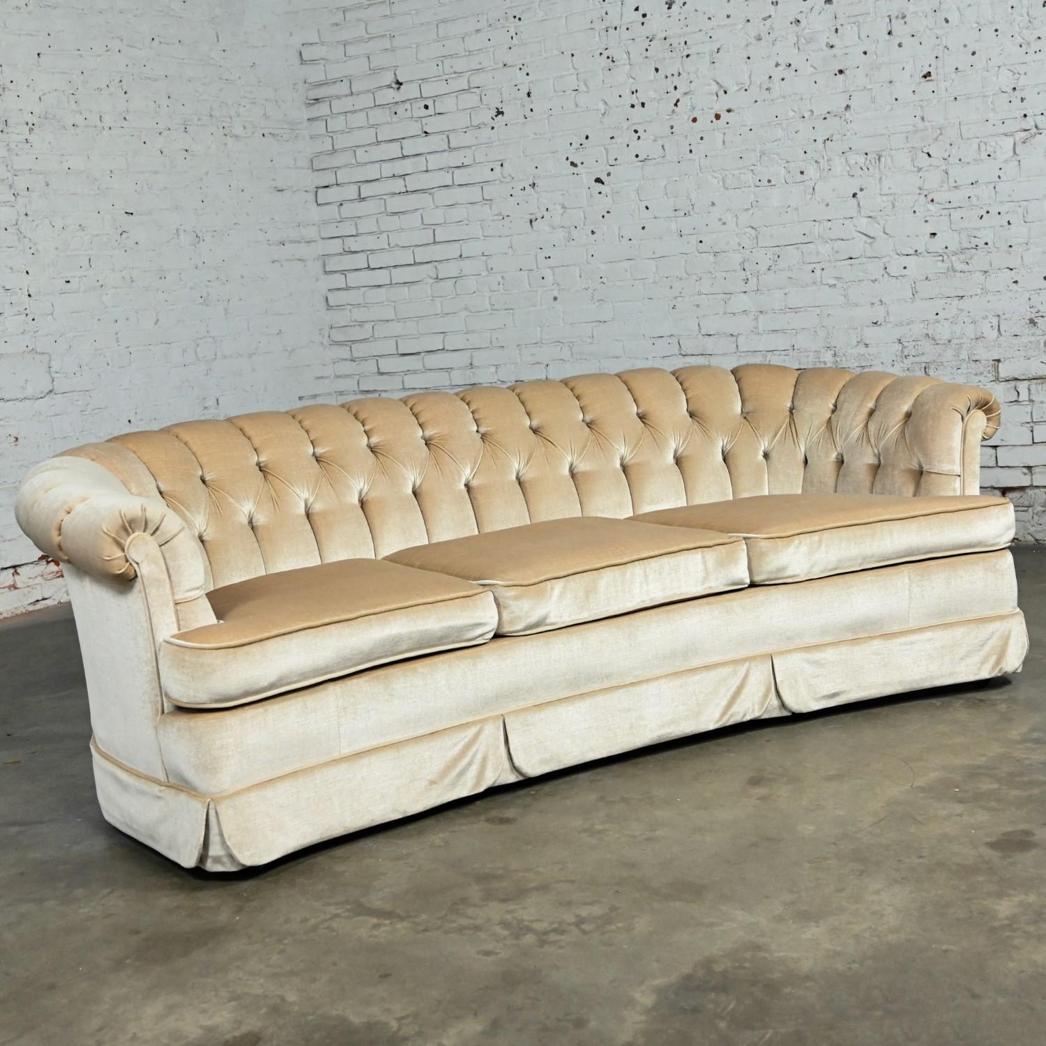 Hollywood Regency Curved Sofa Beige Velvet Button Tufted Lee Harvey for Maddox 1