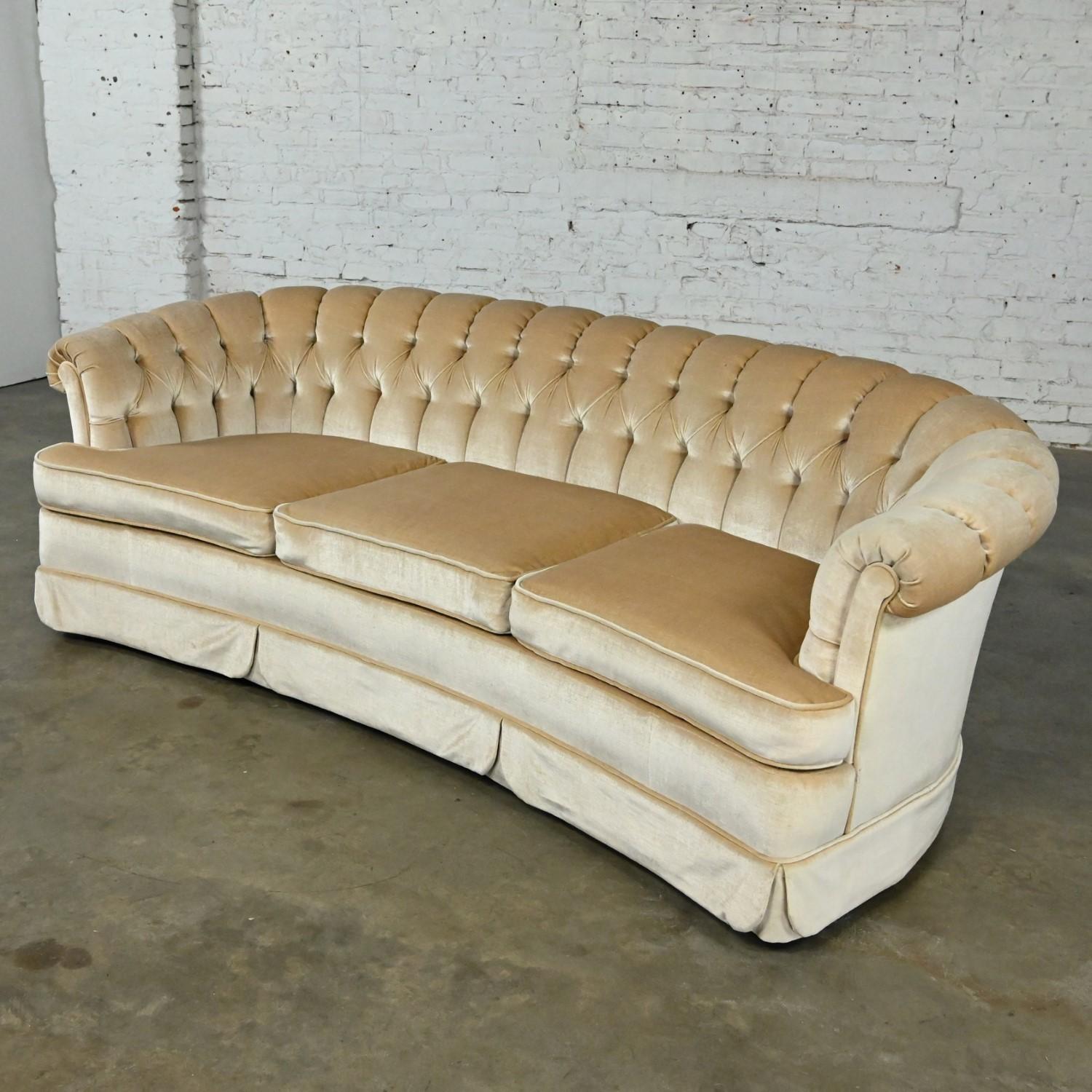 Hollywood Regency Curved Sofa Beige Velvet Button Tufted Lee Harvey for Maddox 2