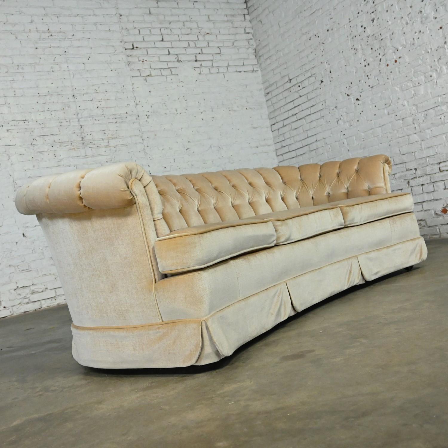 Hollywood Regency Curved Sofa Beige Velvet Button Tufted Lee Harvey for Maddox 3