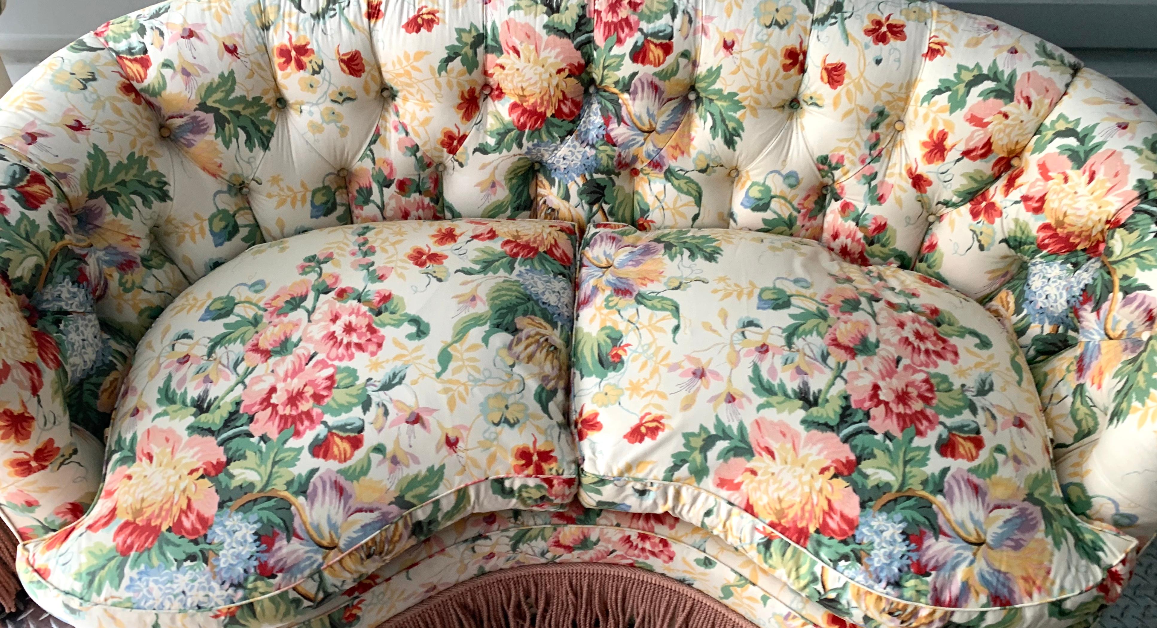 Hollywood Regency custom floral living room set, settee and slipper chair, sofa (2-seat). Dimensions: Sofa 68” x 36” x 30.5” H, slipper chair 20” W x 28” D x 30.5” H.