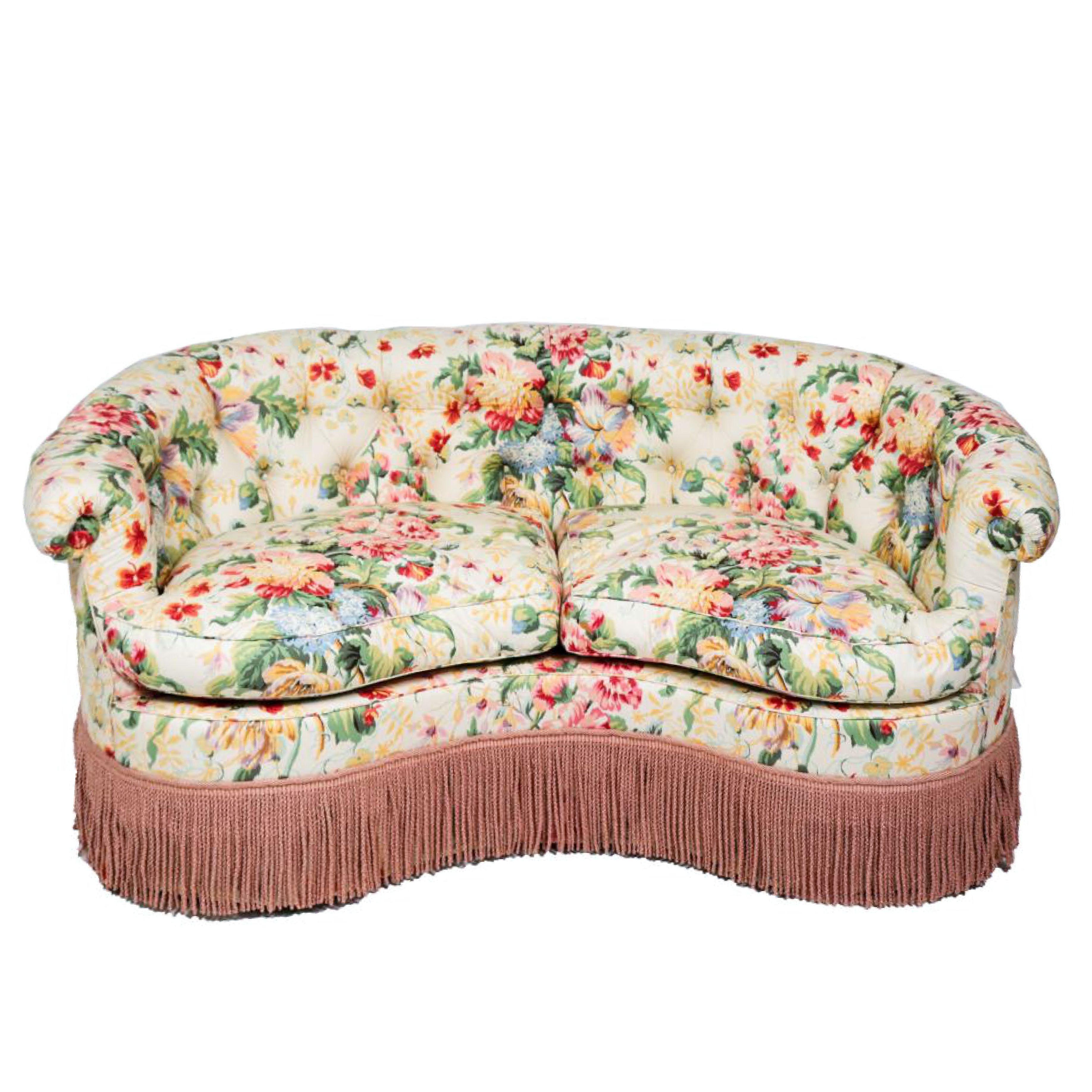 French Hollywood Regency Custom Floral Living Room Set, Settee and Slipper Chair, Sofa