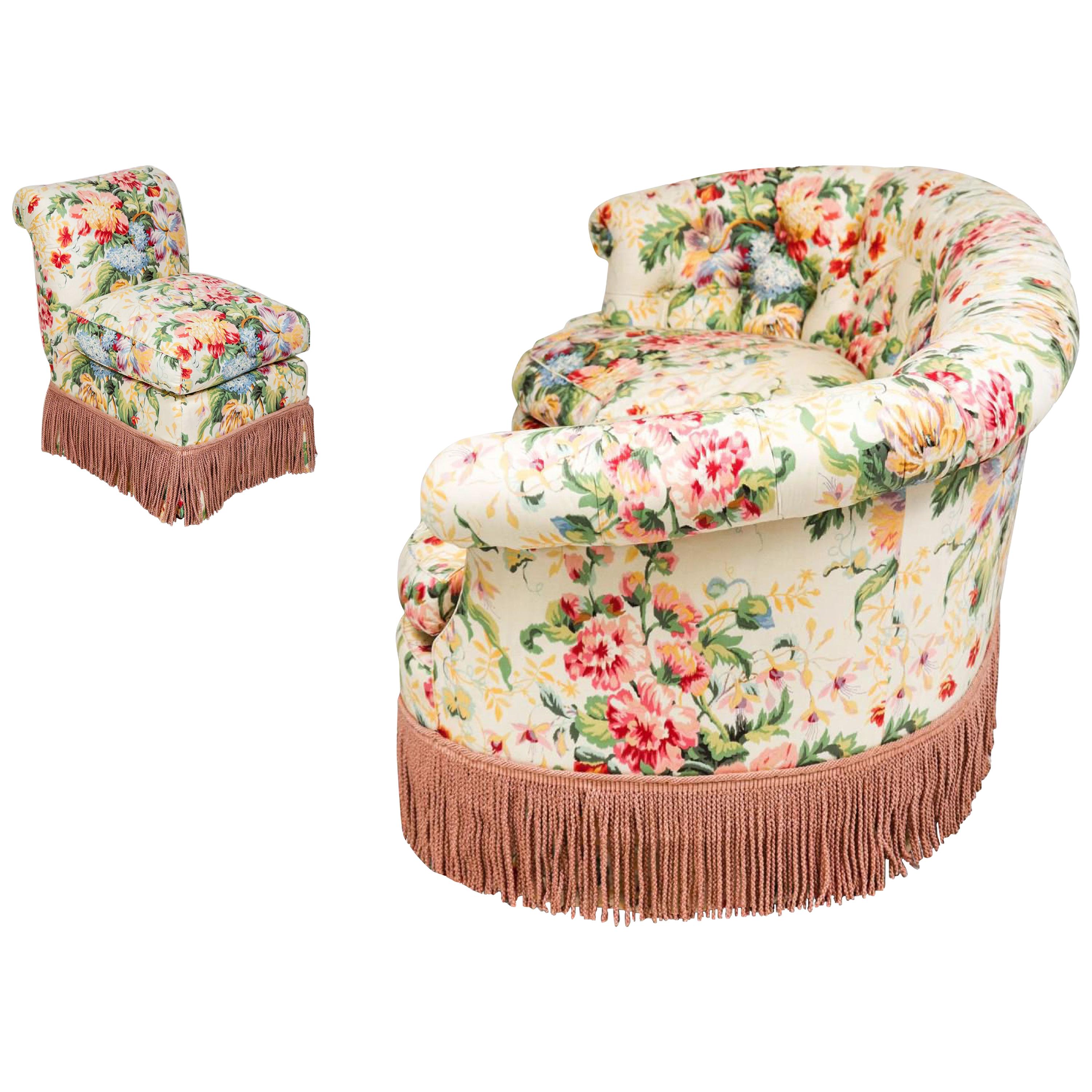Hollywood Regency Custom Floral Living Room Set, Settee and Slipper Chair, Sofa