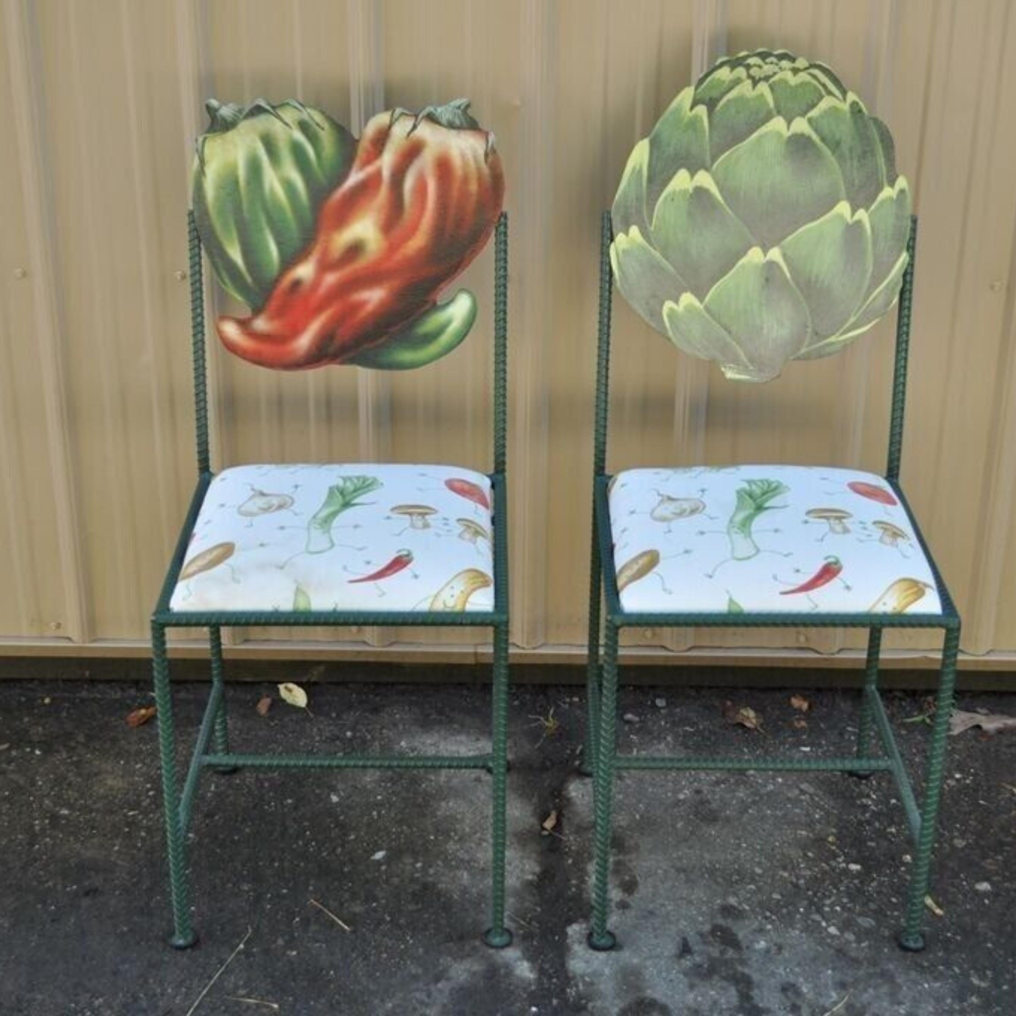 Hollywood Regency Custom Painted Peppers & Artichoke Bistro Side Chairs - a Pair For Sale 6