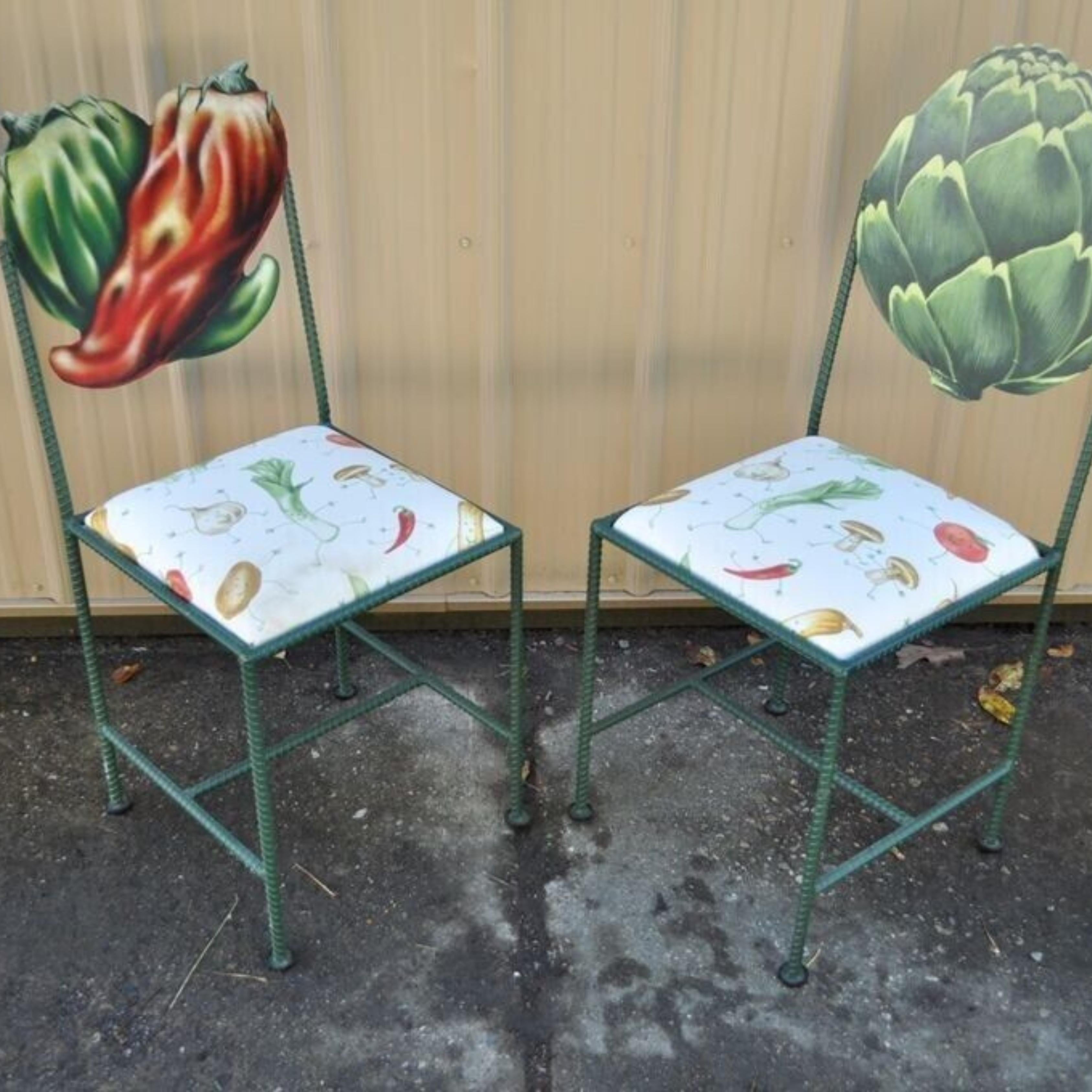 Hollywood Regency Custom Painted Peppers & Artichoke Bistro Side Chairs - a Pair For Sale 7