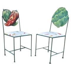 Vintage Hollywood Regency Custom Painted Peppers & Artichoke Bistro Side Chairs - a Pair
