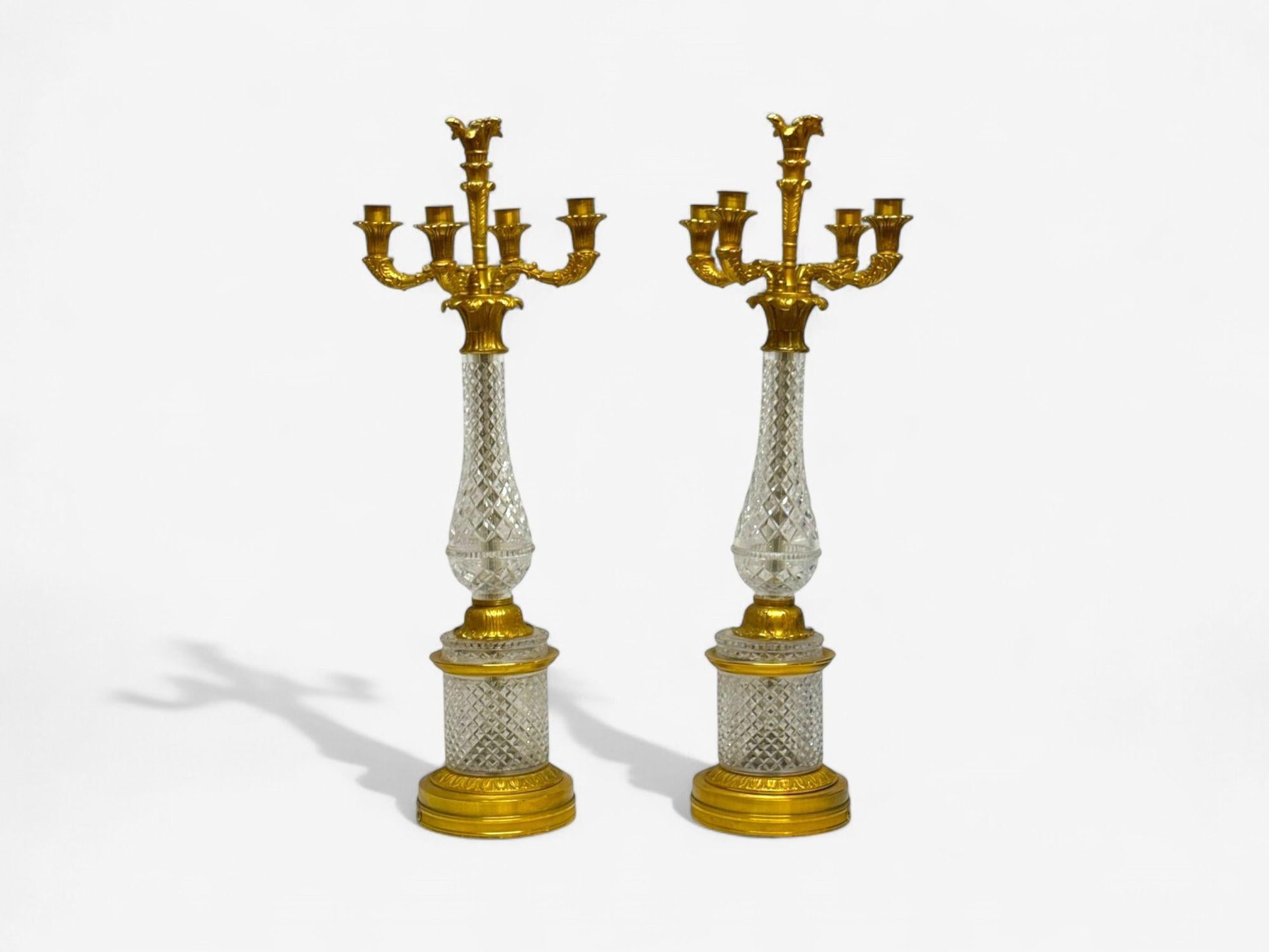 Hollywood Regency, Maison Bagues Style, Cut Crystal, Gilt Brass, Candelabras, France, 1930s

Large and impressive pair of crystal and gilt brass table candelabras. Fine quality circa 1930s. These cut and crafted candelabras can easily be converted
