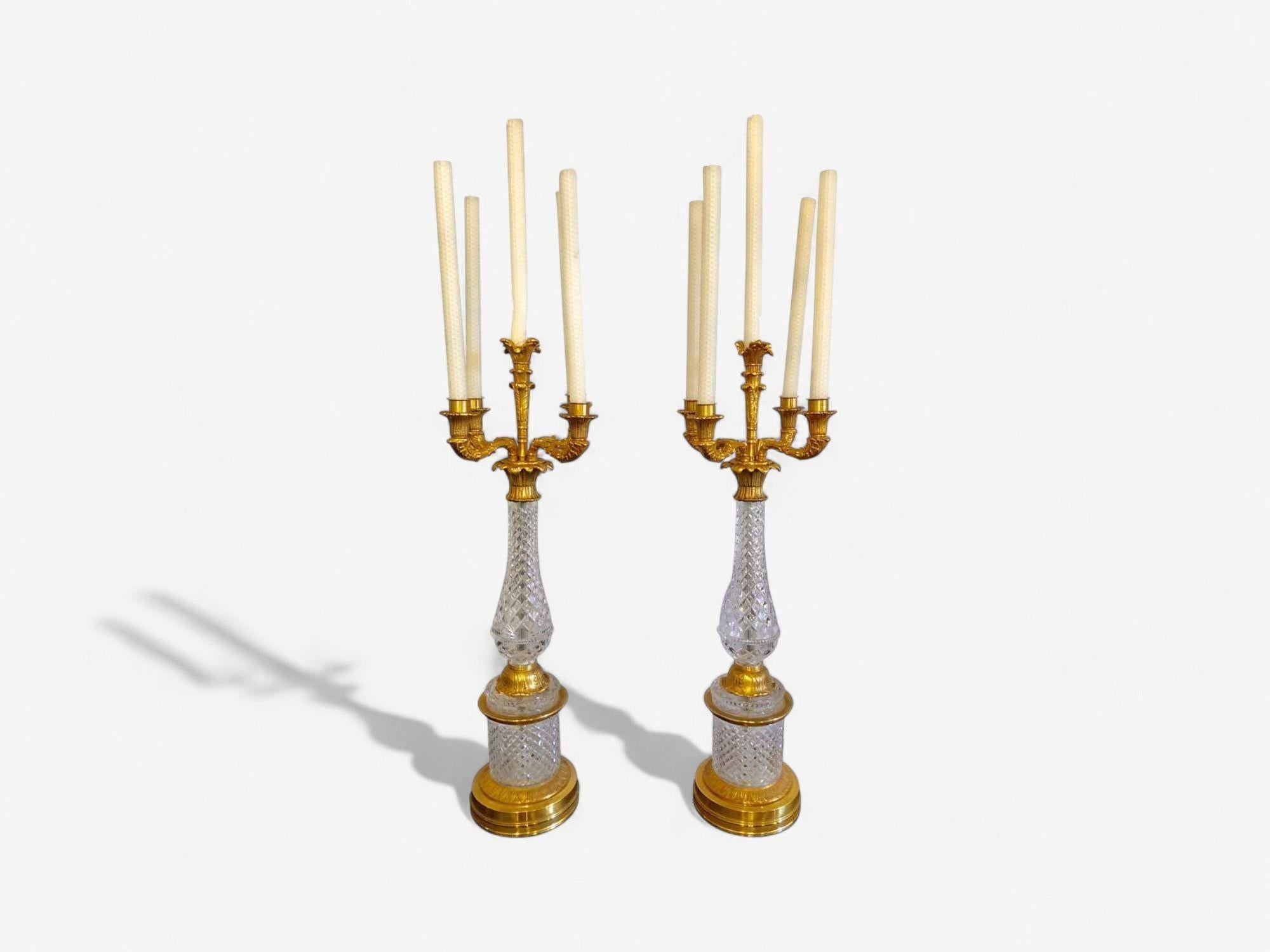 Hollywood Regency, Cut Crystal, Gilt Brass, Candelabras, France, 1930s In Good Condition For Sale In Manhasset, NY