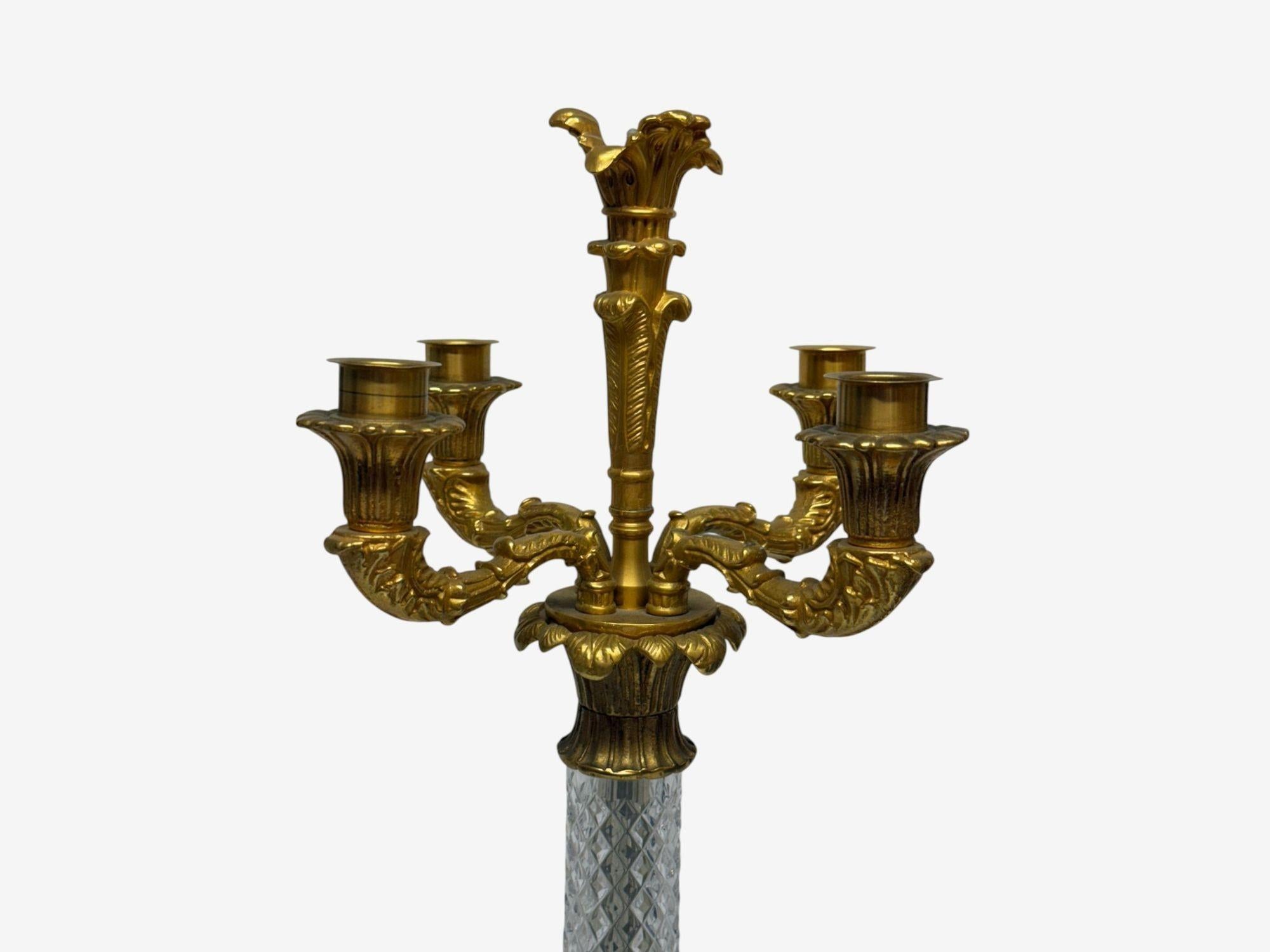 Mid-20th Century Hollywood Regency, Cut Crystal, Gilt Brass, Candelabras, France, 1930s For Sale