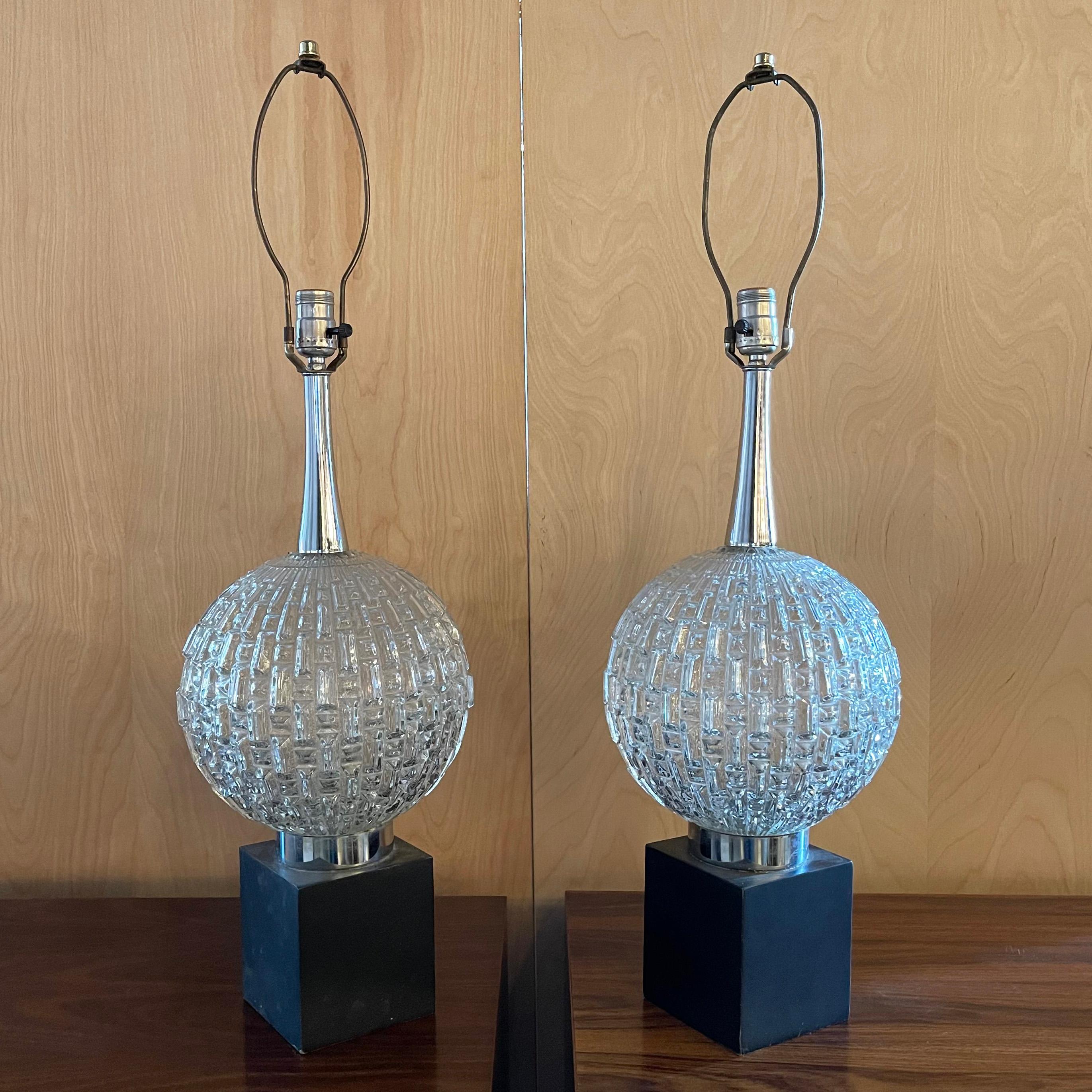 Steel Hollywood Regency Cut Glass Globe Table Lamps