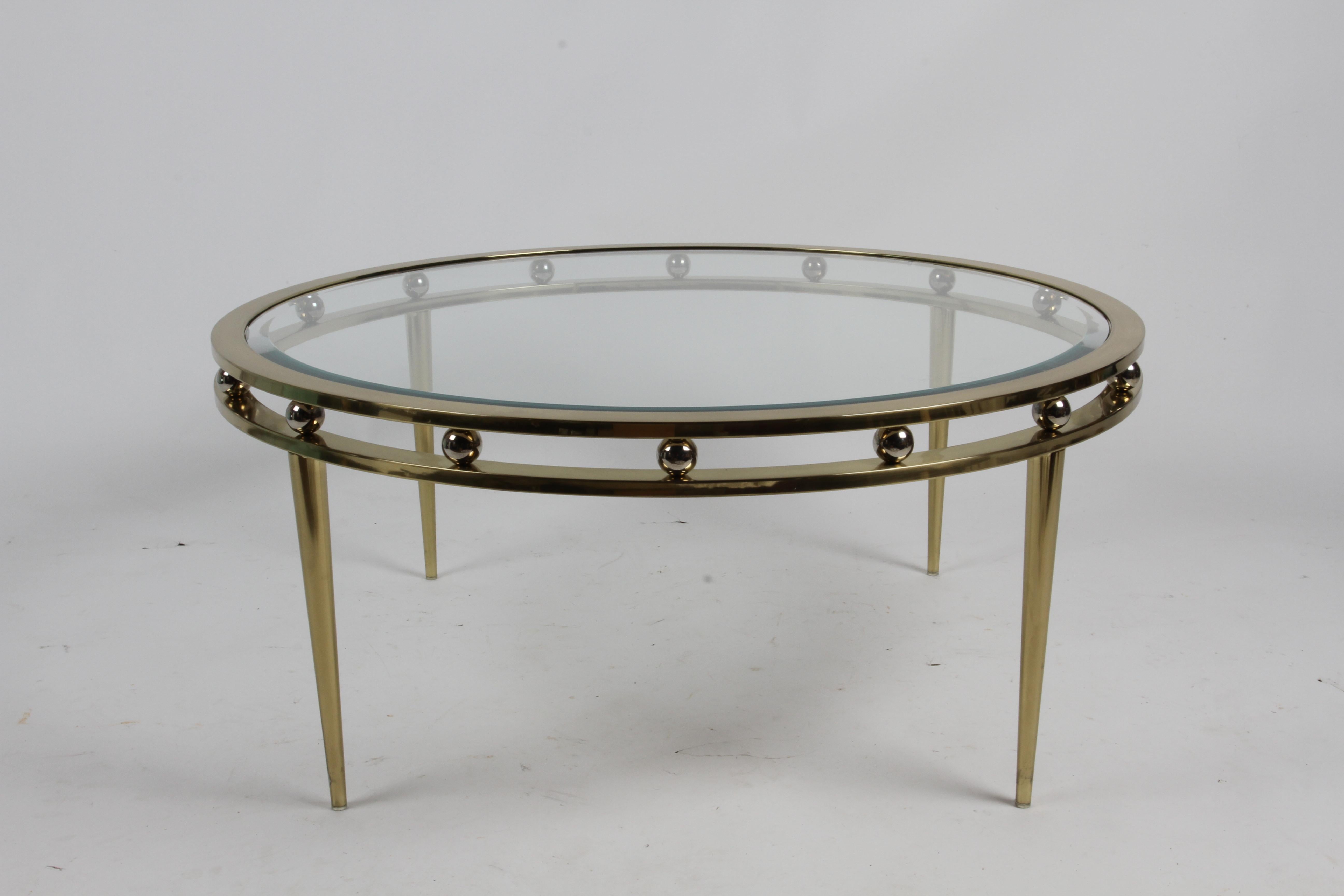 hollywood regency brass and glass coffee table