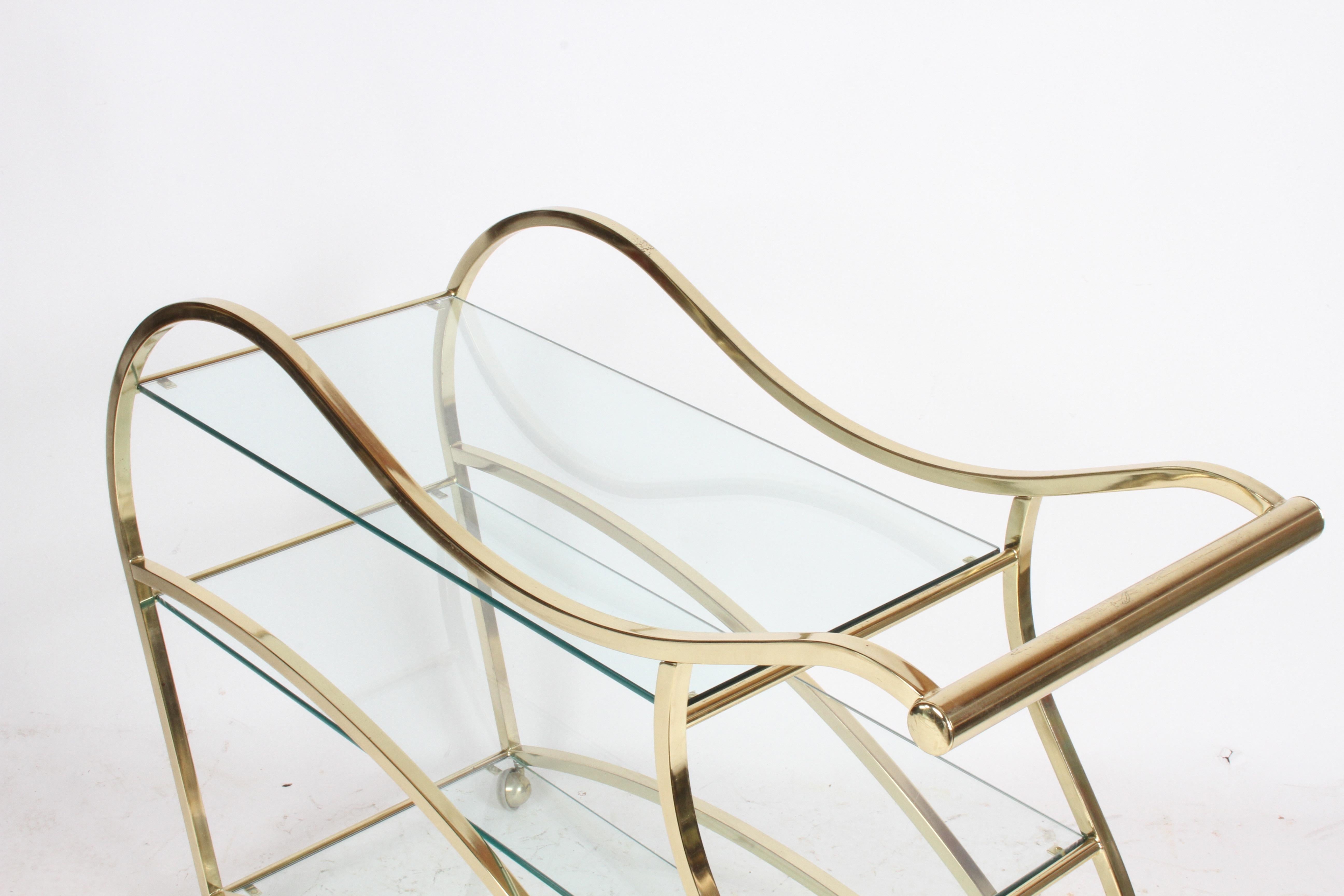 Hollywood Regency Design Institute of America Brass & Glass Sculptural Bar Cart 2