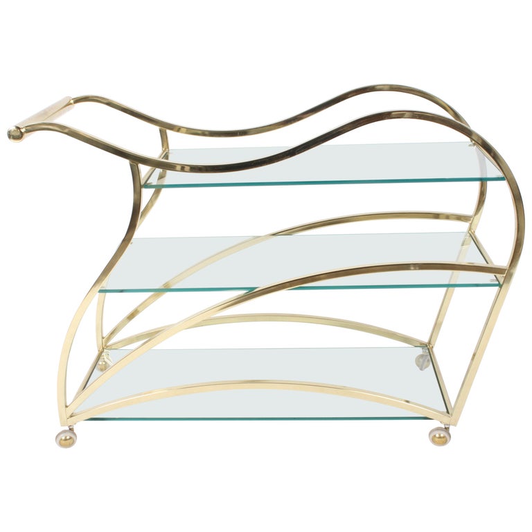 Hollywood Regency Design Institute of America Brass & Glass Sculptural Bar Cart For Sale