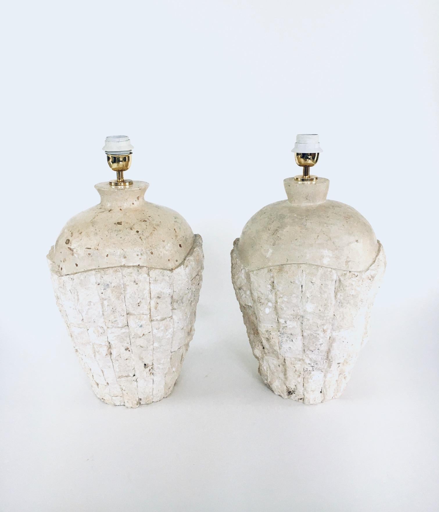 Italian Hollywood Regency Design Mactan Stone Table Lamp Set, 1970's Italy For Sale