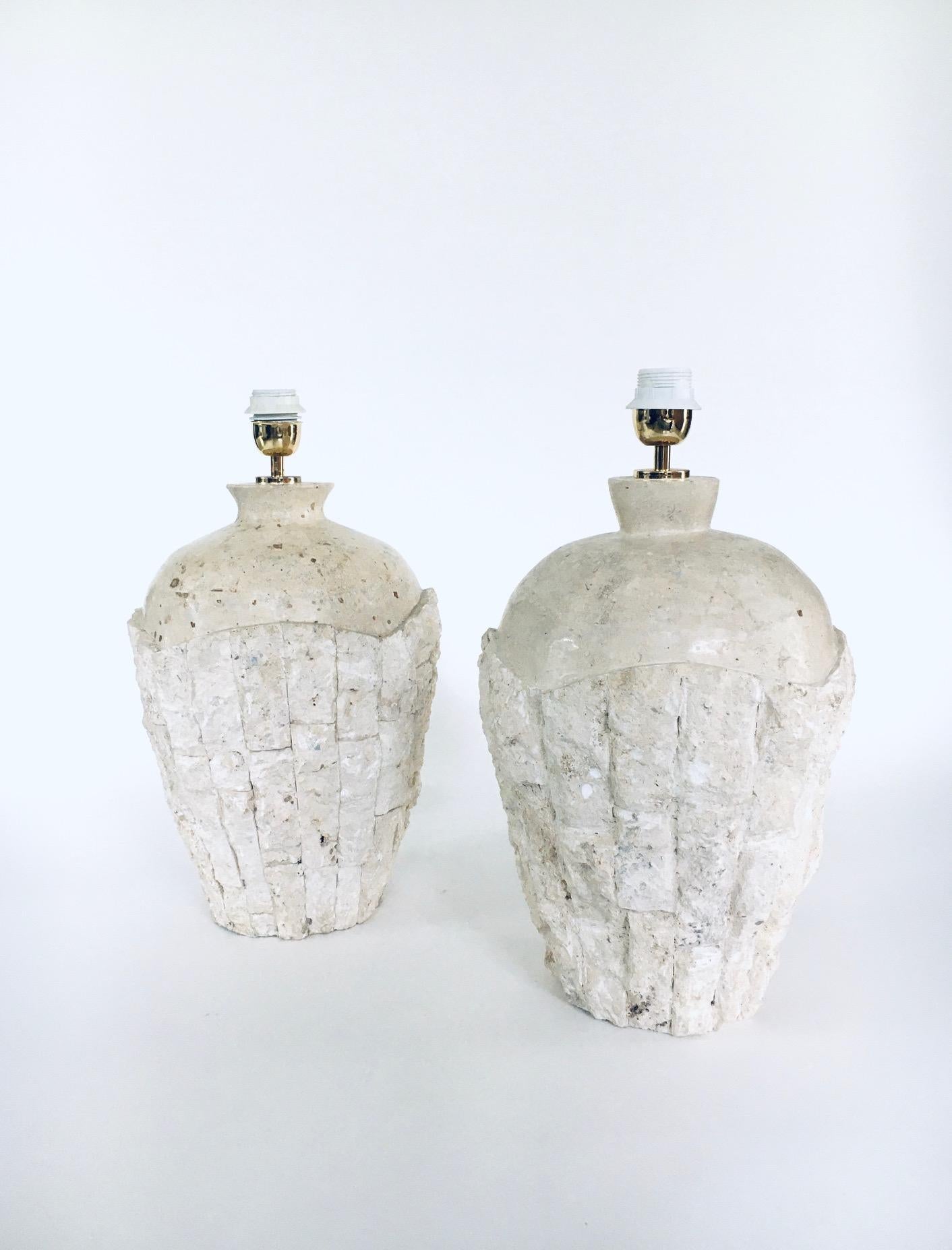 Late 20th Century Hollywood Regency Design Mactan Stone Table Lamp Set, 1970's Italy For Sale