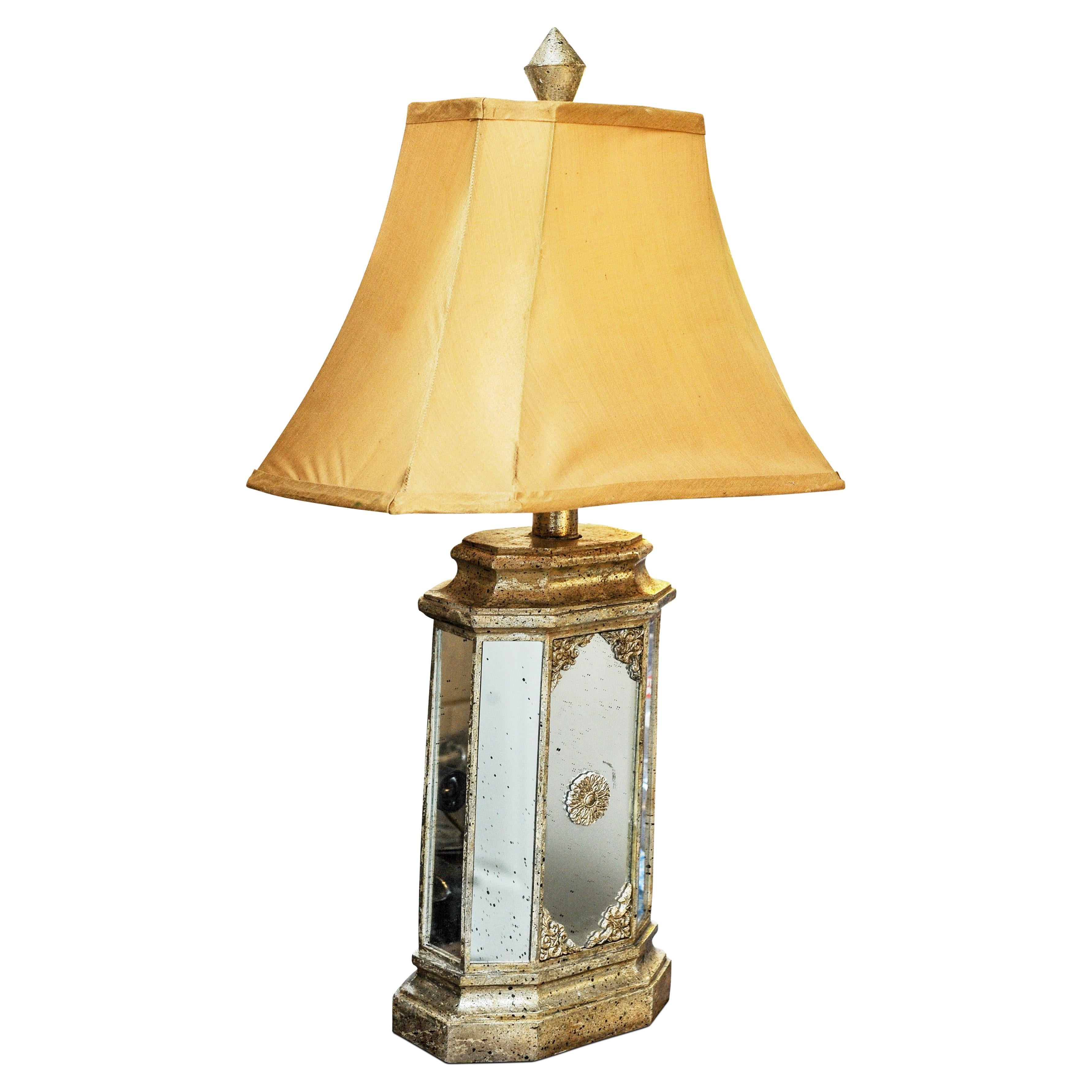 Hollywood Regency Design Opulent Mirrored Table Lamp With Shot Silk Shade Fitted For Sale