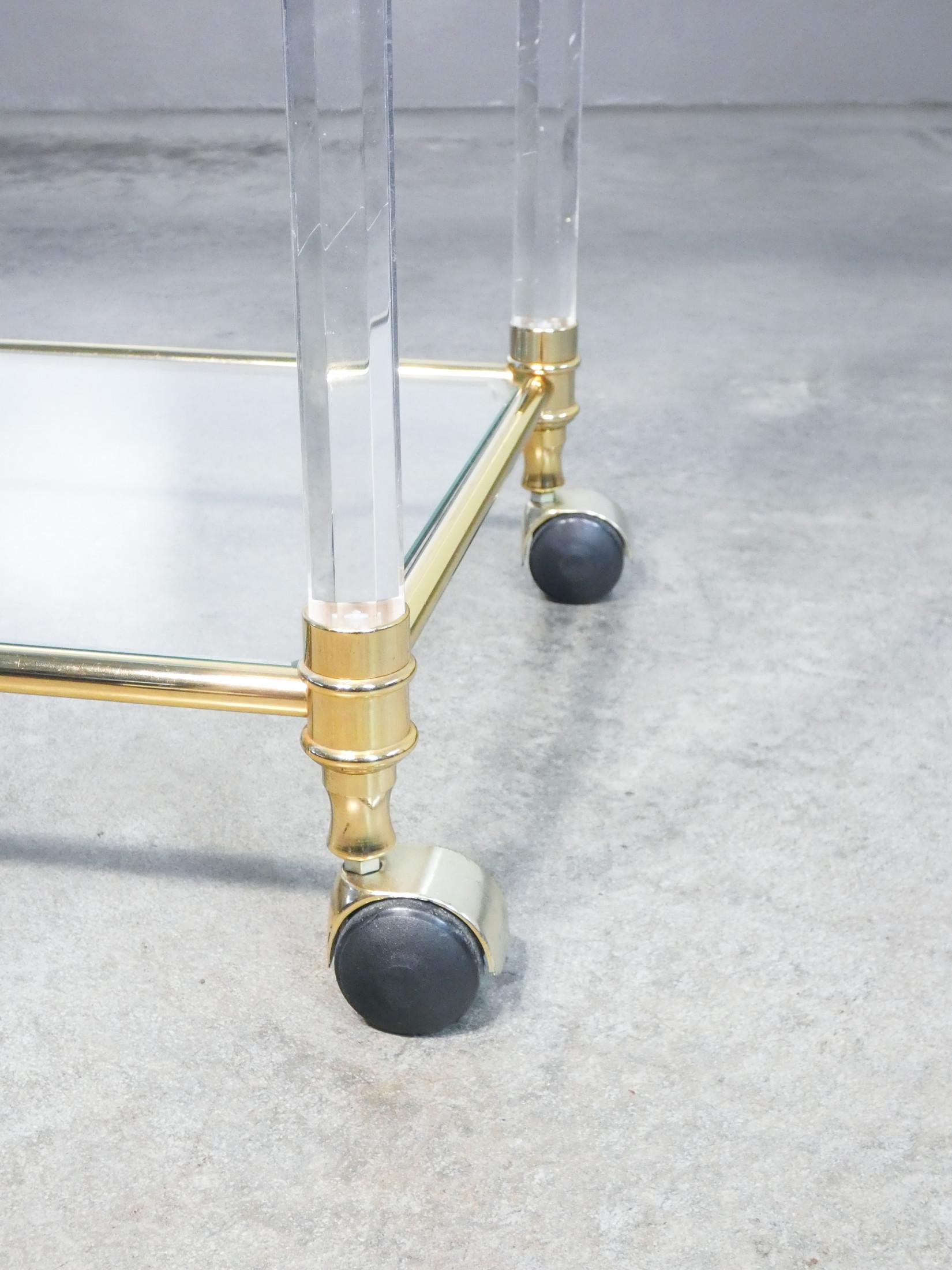 Hollywood Regency Design, Serving Trolley, Gilded Metal, Glass and Plexi, 1970s 5