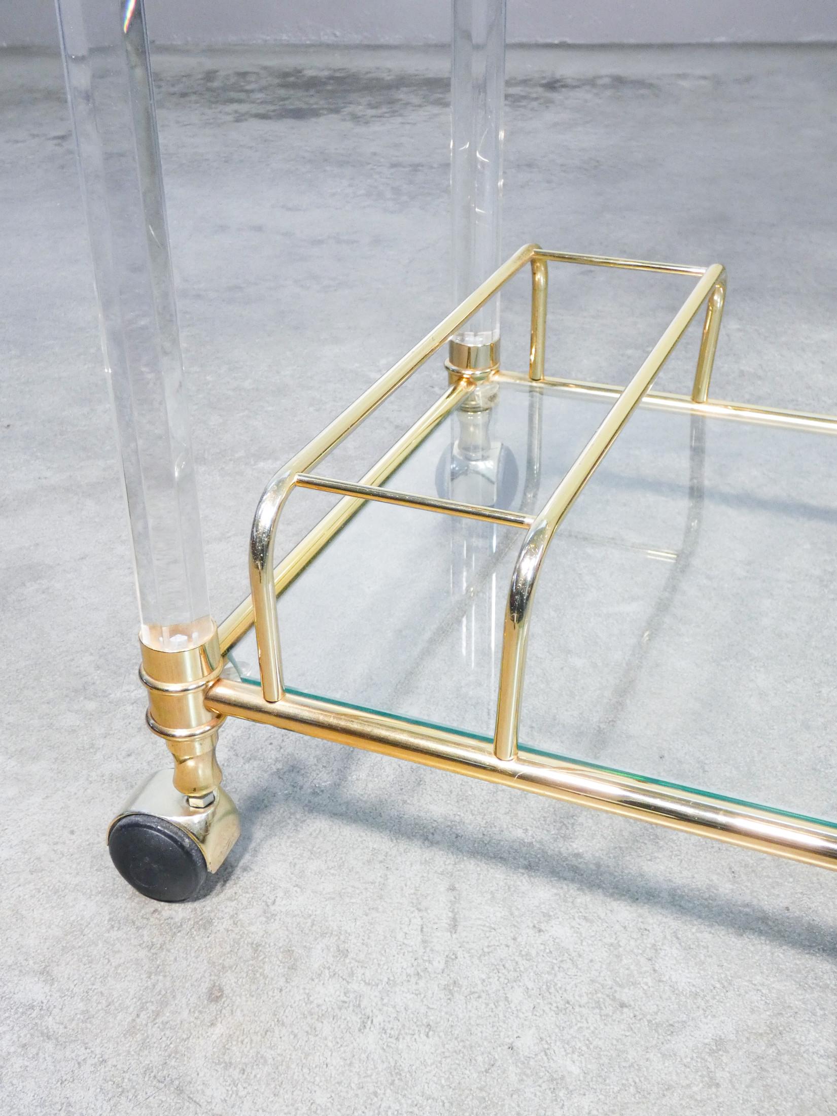 Hollywood Regency Design, Serving Trolley, Gilded Metal, Glass and Plexi, 1970s 6