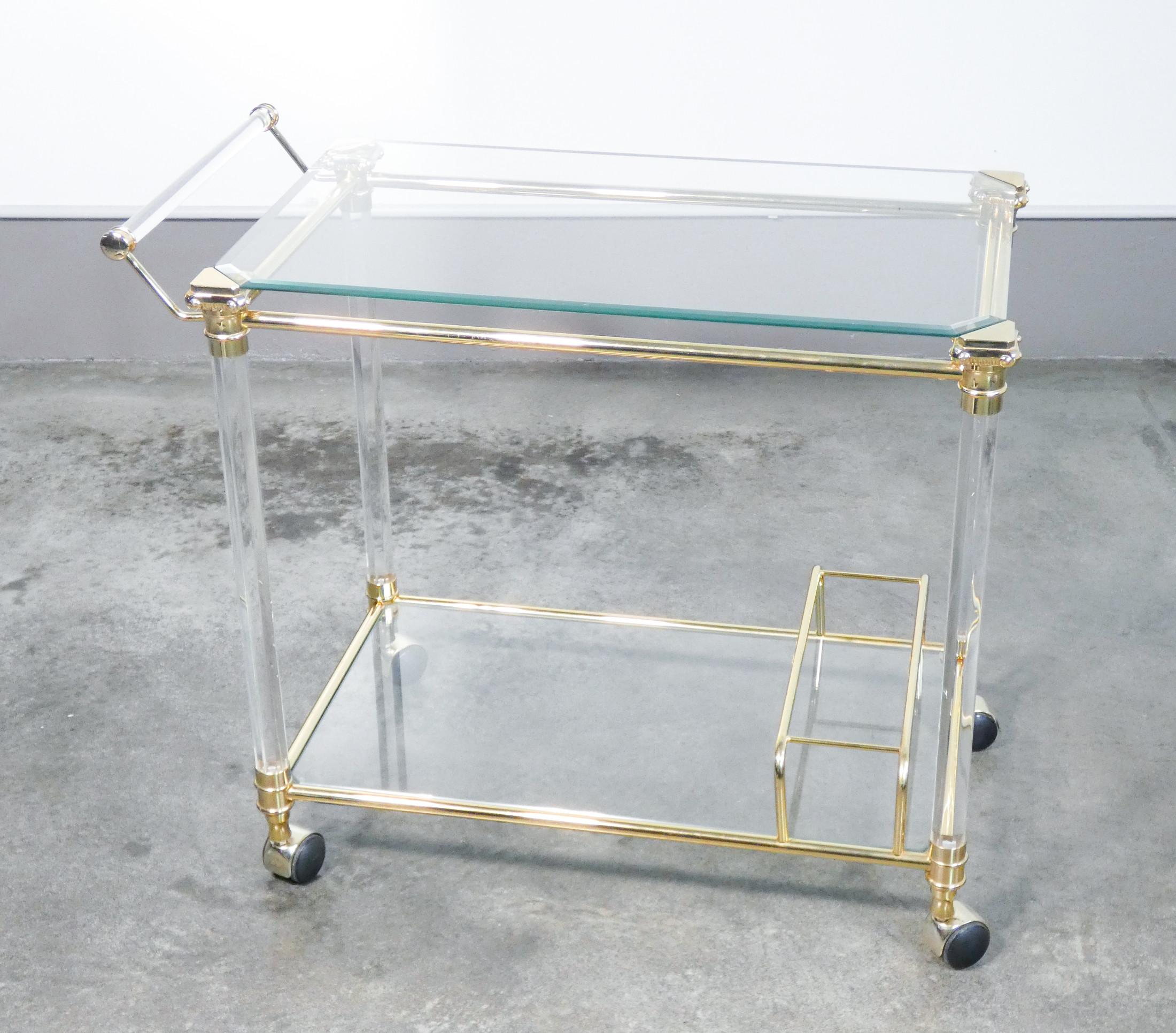 Late 20th Century Hollywood Regency Design, Serving Trolley, Gilded Metal, Glass and Plexi, 1970s