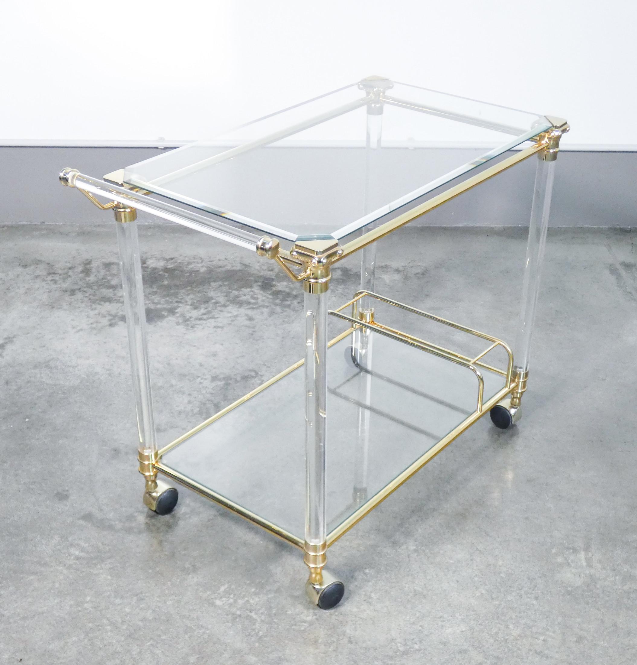 Hollywood Regency Design, Serving Trolley, Gilded Metal, Glass and Plexi, 1970s 1