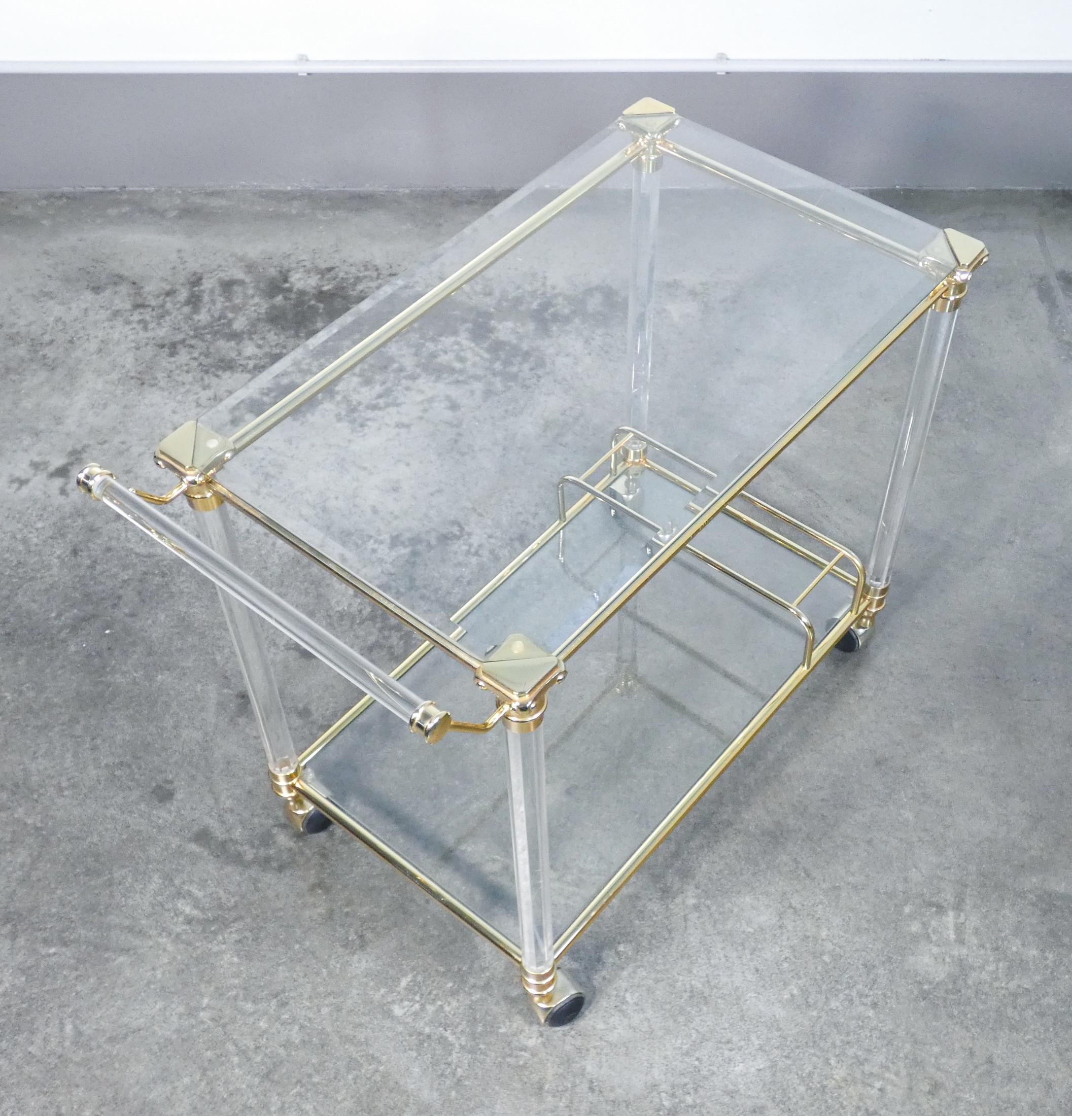 Hollywood Regency Design, Serving Trolley, Gilded Metal, Glass and Plexi, 1970s 2