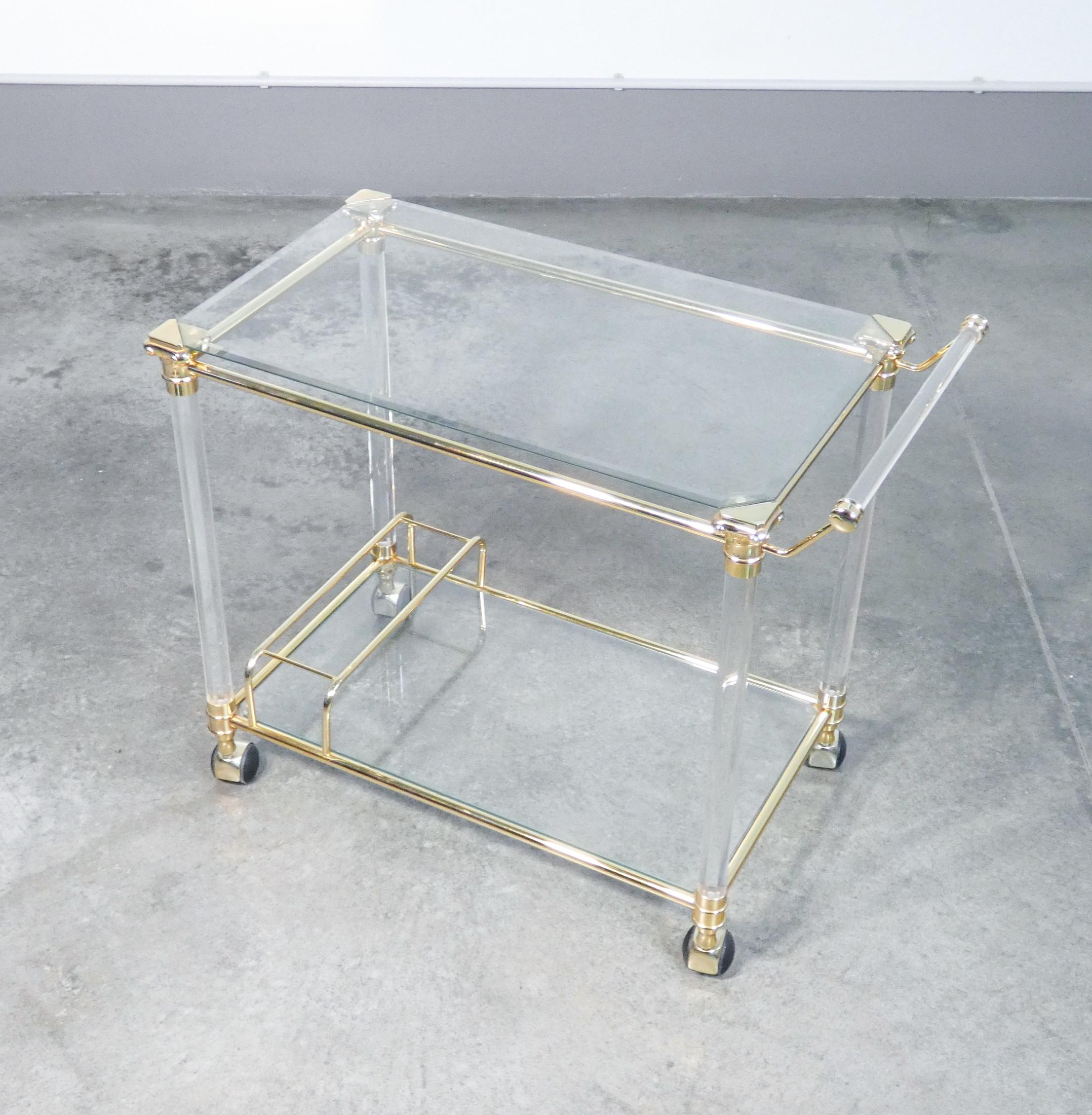 Hollywood Regency Design, Serving Trolley, Gilded Metal, Glass and Plexi, 1970s 3