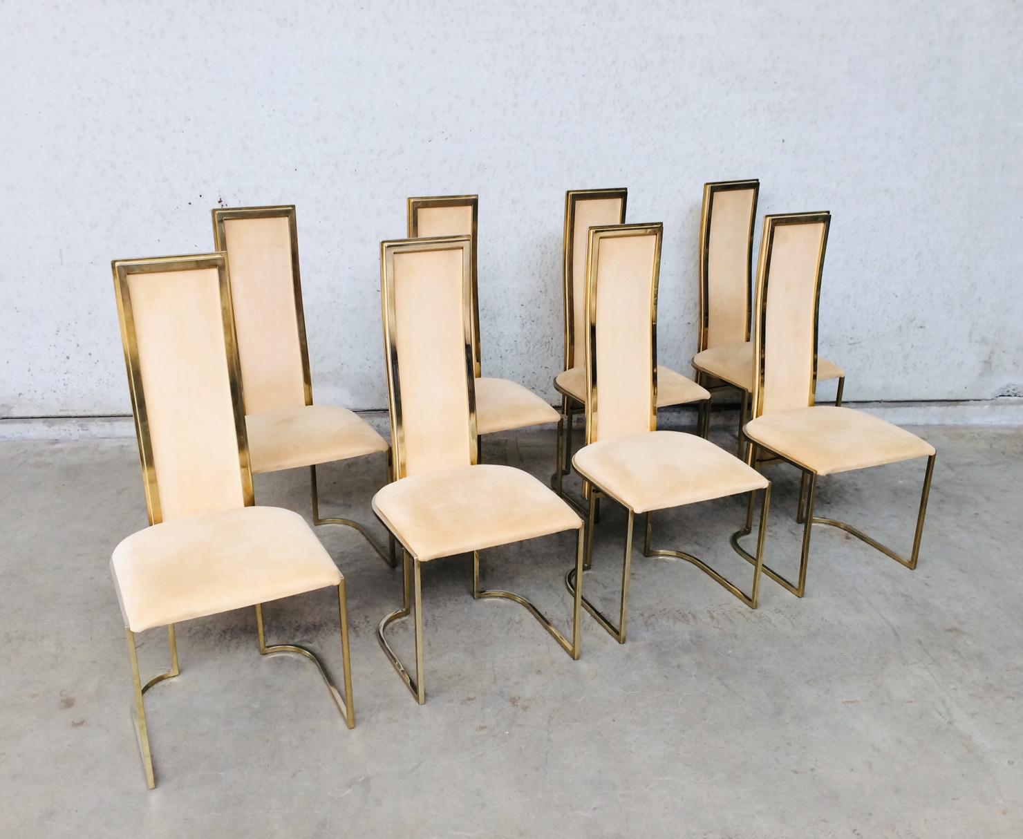 Vintage Postmodern Design Hollywood Regency Style set of 8 dining chairs by Belgo Chrom. Attributed to Willy Rizzo. Made in Belgium for Belgochrom in the 1970's. Velor velvet seating and back with gold plated metal frame. All seats and backs are in