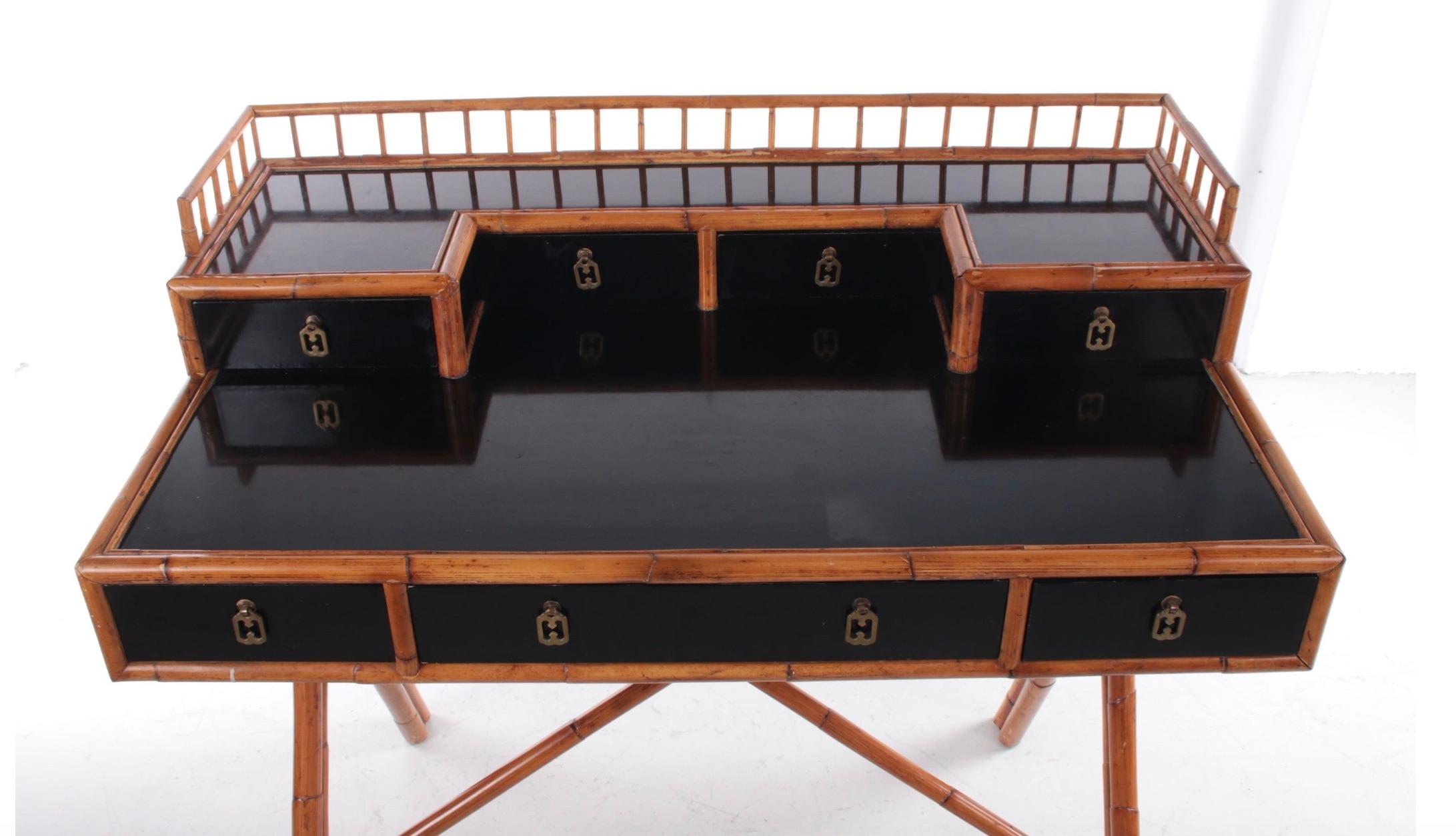 20th Century Hollywood Regency Desk+ chair bamboo and black lacquer , laiton For Sale
