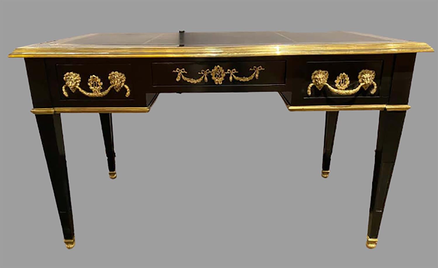 Hollywood Regency Desks in Maison Jansen Manner, Ebonized, Bronze Mounted a Pair For Sale at