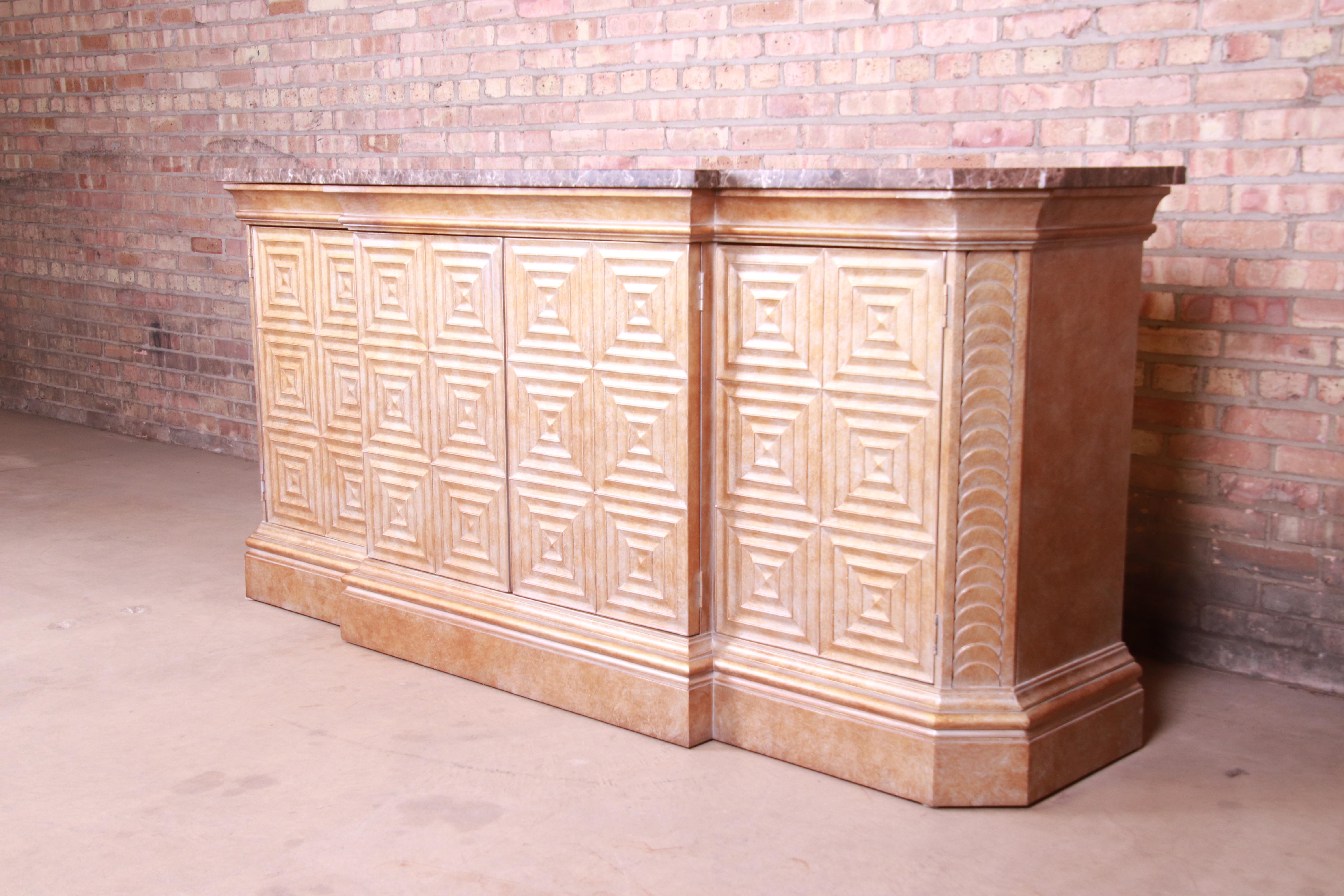 Hollywood Regency Diamond Faceted Marble Top Sideboard by Hickory White In Good Condition In South Bend, IN