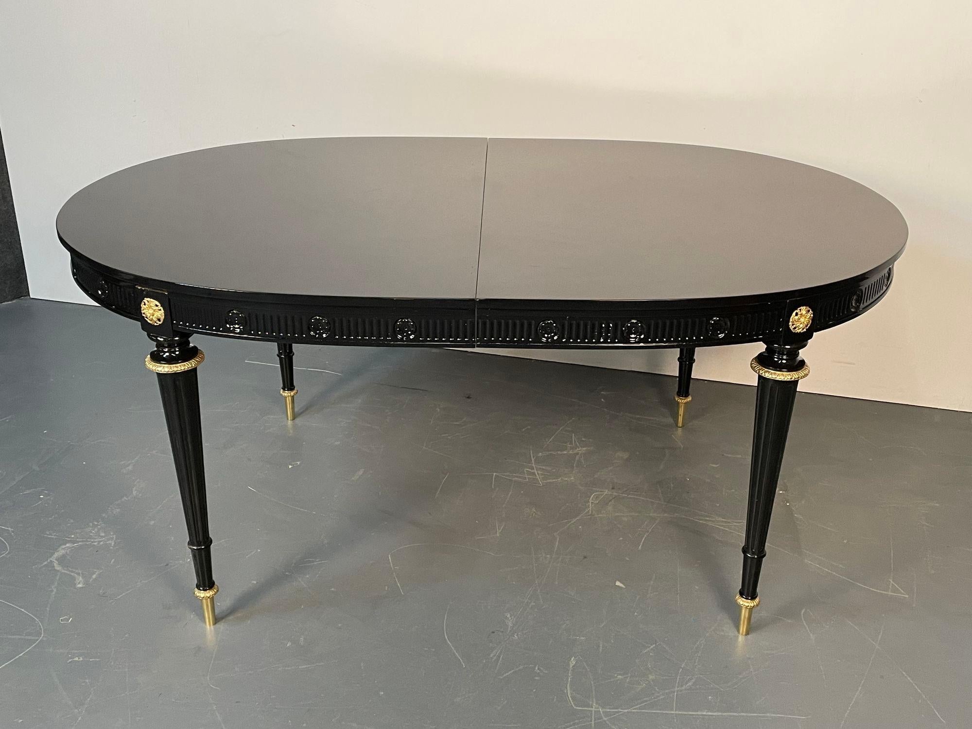 Mid-20th Century Hollywood Regency Dining Table, Jansen Style, Ebony Lacquer, Hand Carved, Bronze