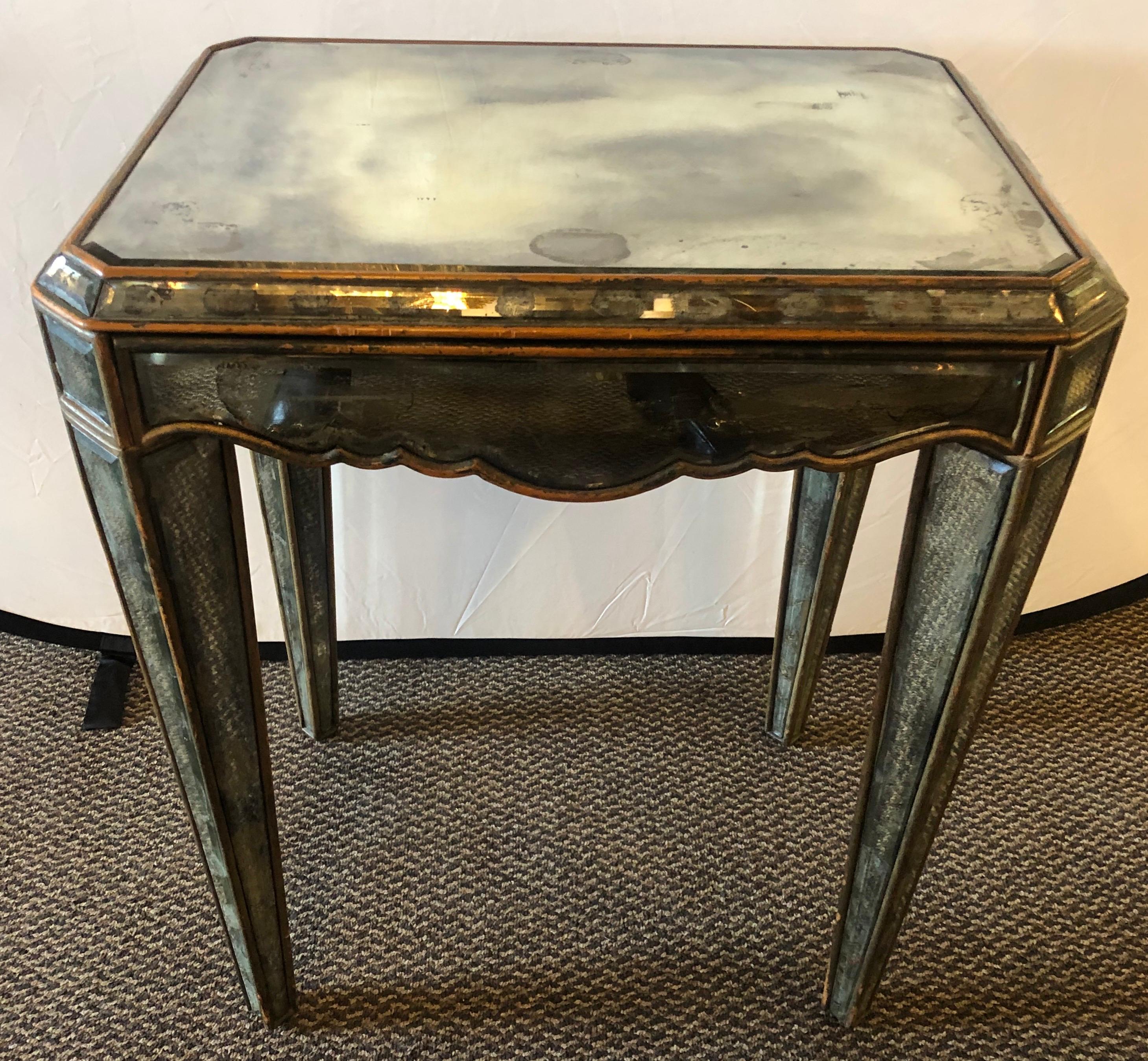 Mid-Century Modern distressed beveled mirror single draw end, side table or desk. An old wooden beveled mirror ladies writing desk, nightstand or side end table. This stunning all mirrored versatile piece is simply fantastic. The leaning tapering