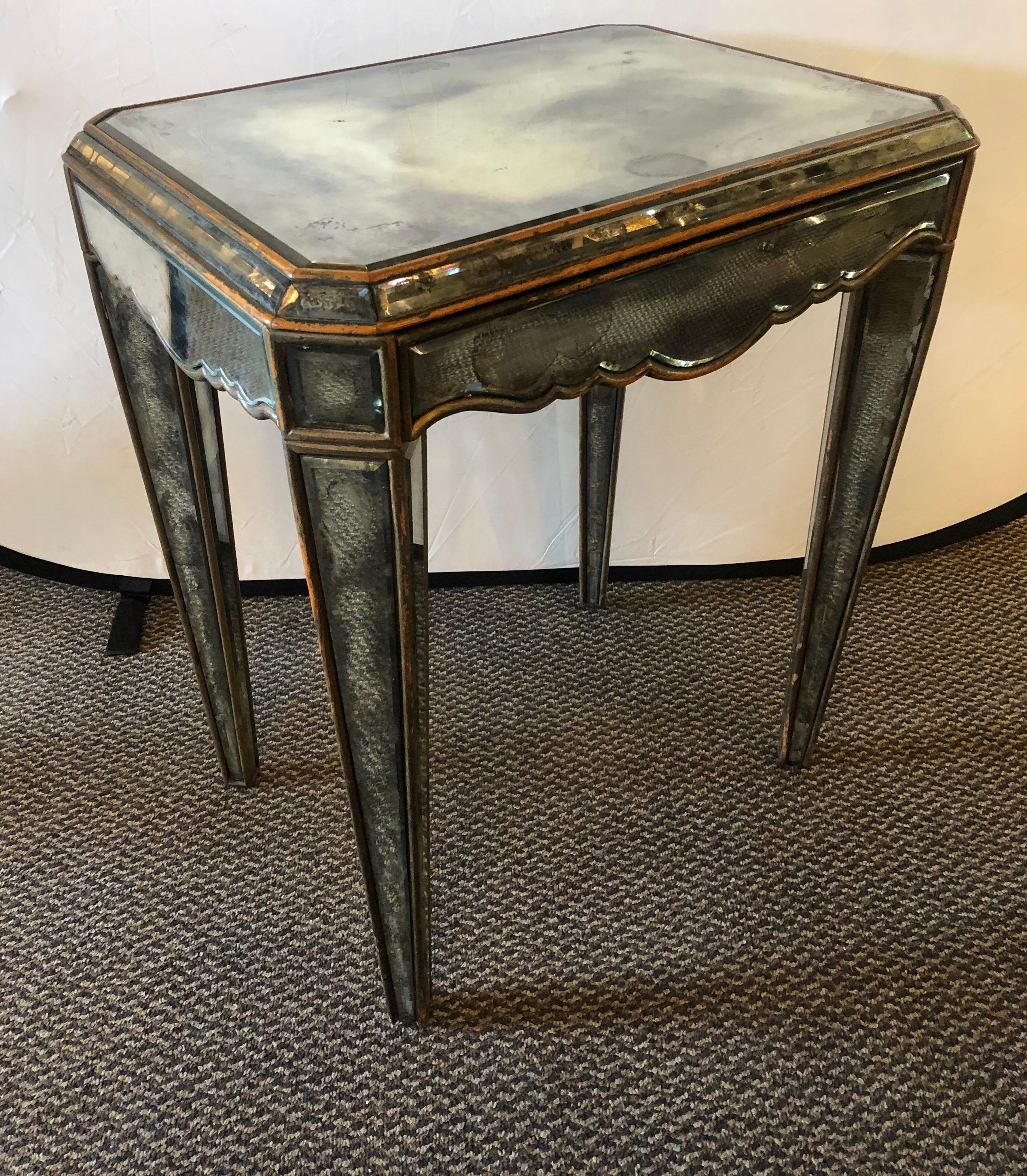 Art Deco Hollywood Regency Distressed Beveled Mirror Single Draw End, Side Table or Desk For Sale