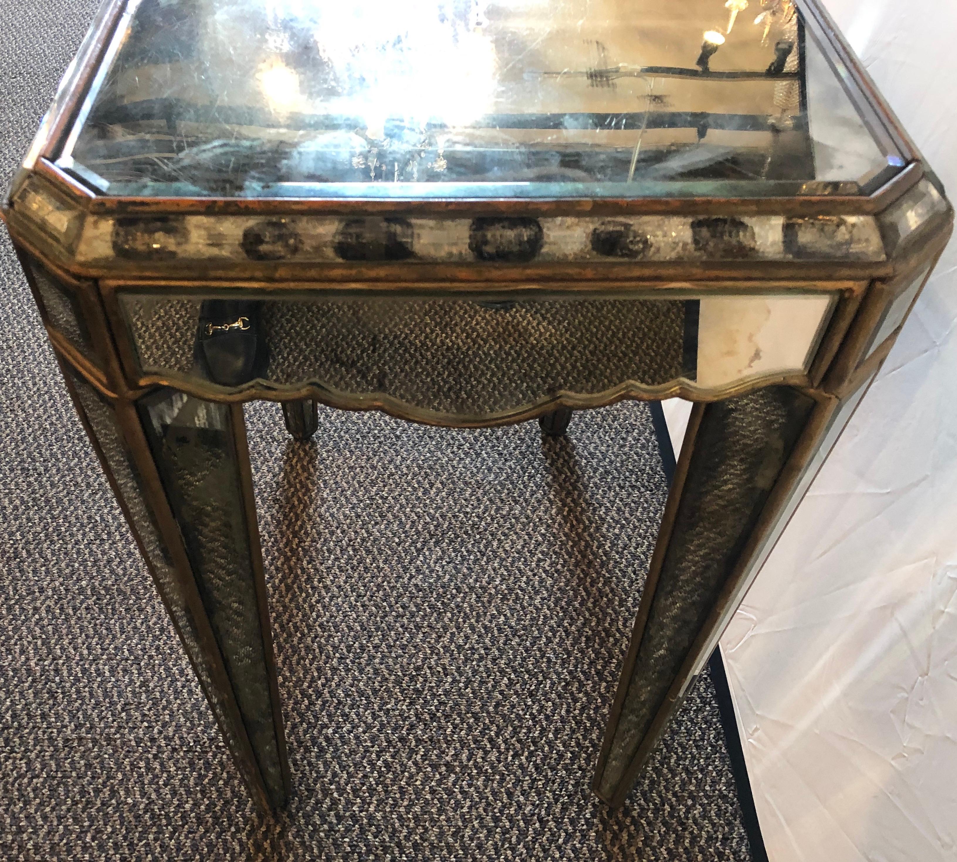 Hollywood Regency Distressed Beveled Mirror Single Draw End, Side Table or Desk In Good Condition For Sale In Manhasset, NY