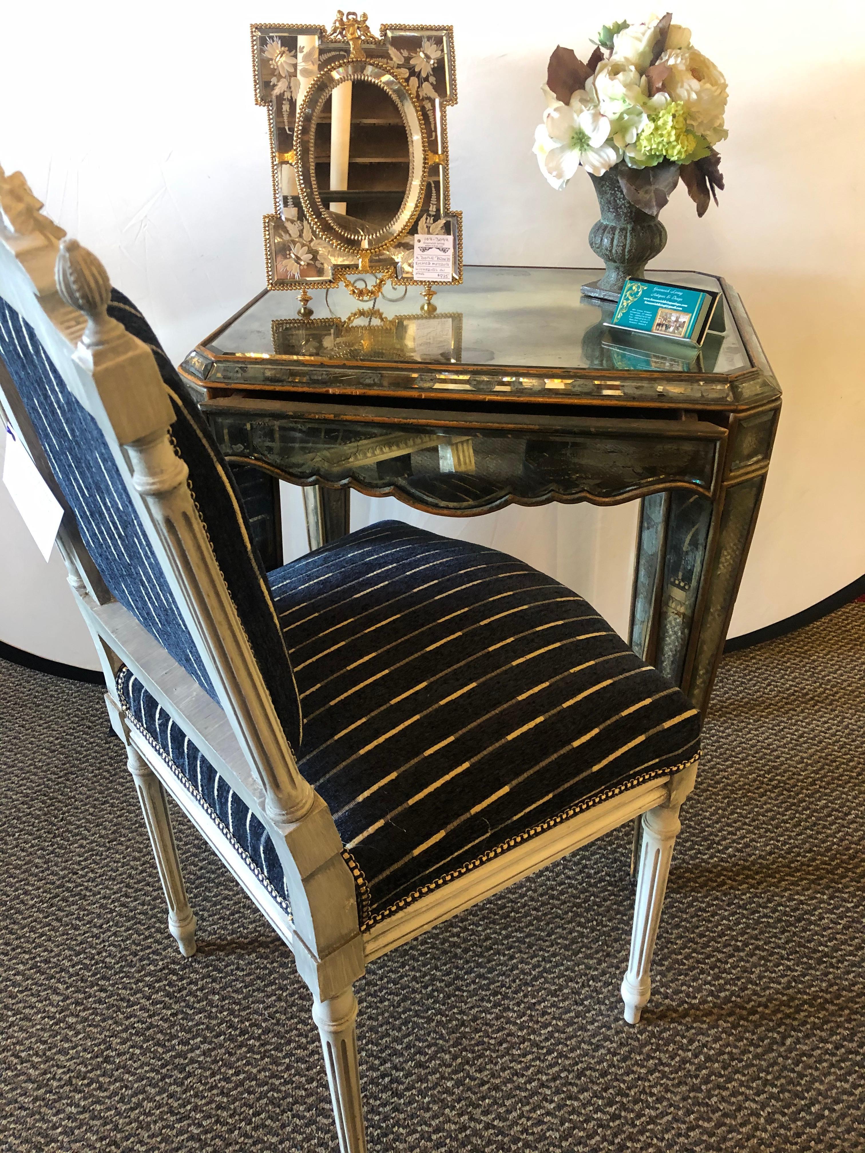 20th Century Hollywood Regency Distressed Beveled Mirror Single Draw End, Side Table or Desk For Sale