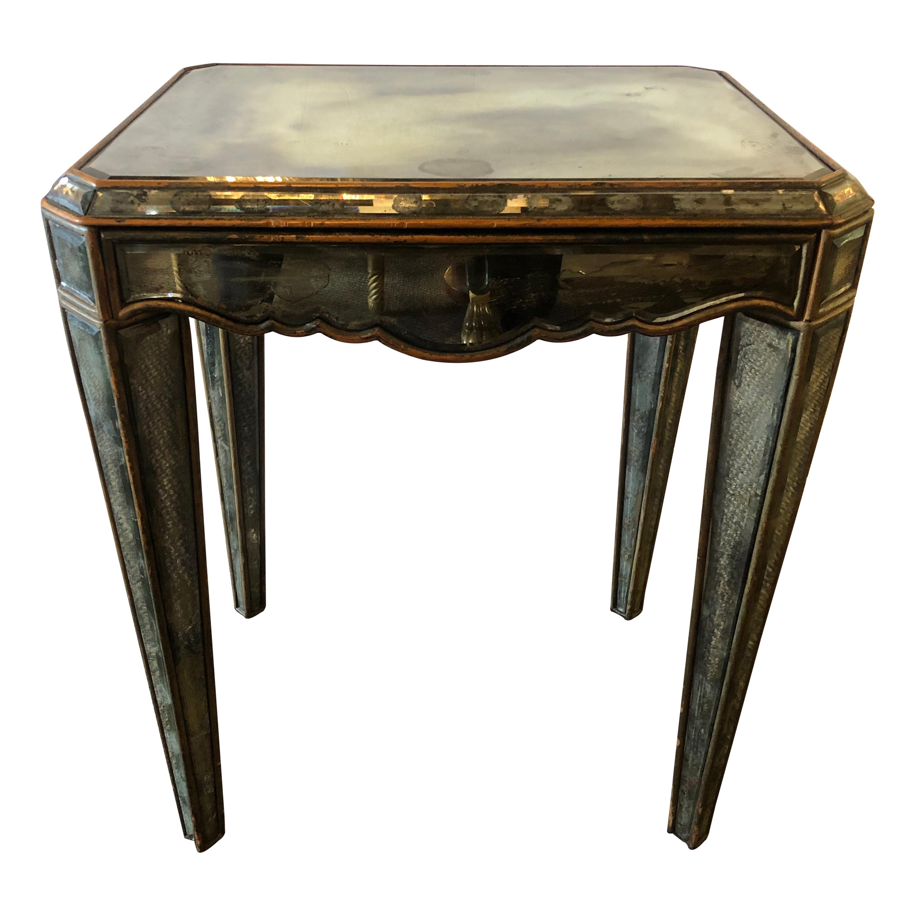 Hollywood Regency Distressed Beveled Mirror Single Draw End, Side Table or Desk