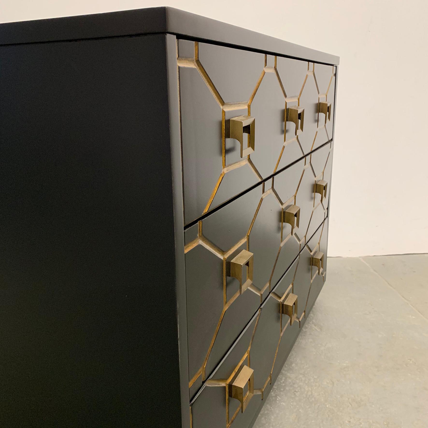 Hollywood Regency Dorothy Draper Style Black and Gold Dresser In Good Condition In Brooklyn, NY