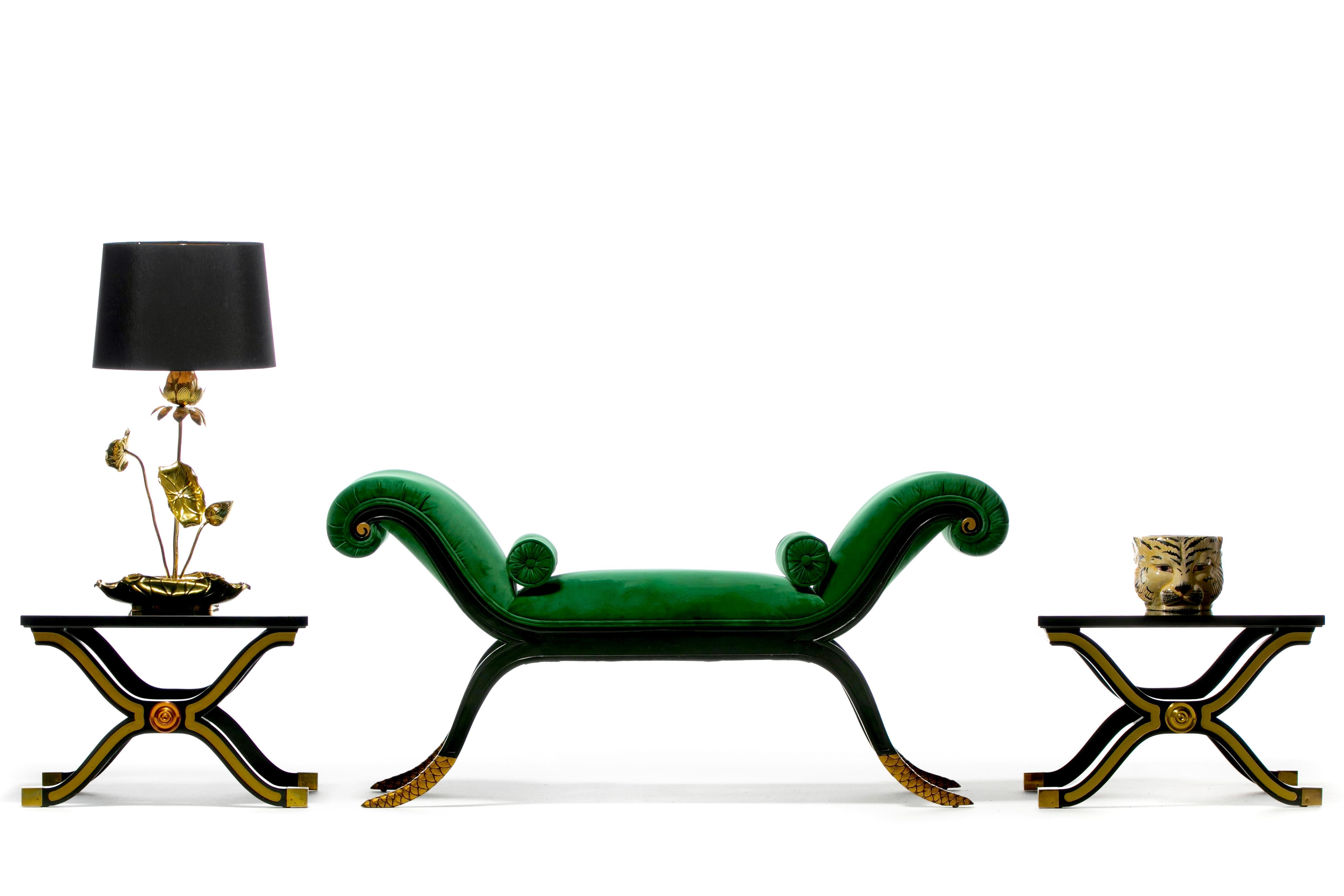 Dorothy Draper style Hollywood Regency black lacquered bench newly professionally upholstered in soft Emerald Green Velvet with adorning tufted bolster pillows. Oozing elegance and glamour from all angles to be appreciated by aficionados of all