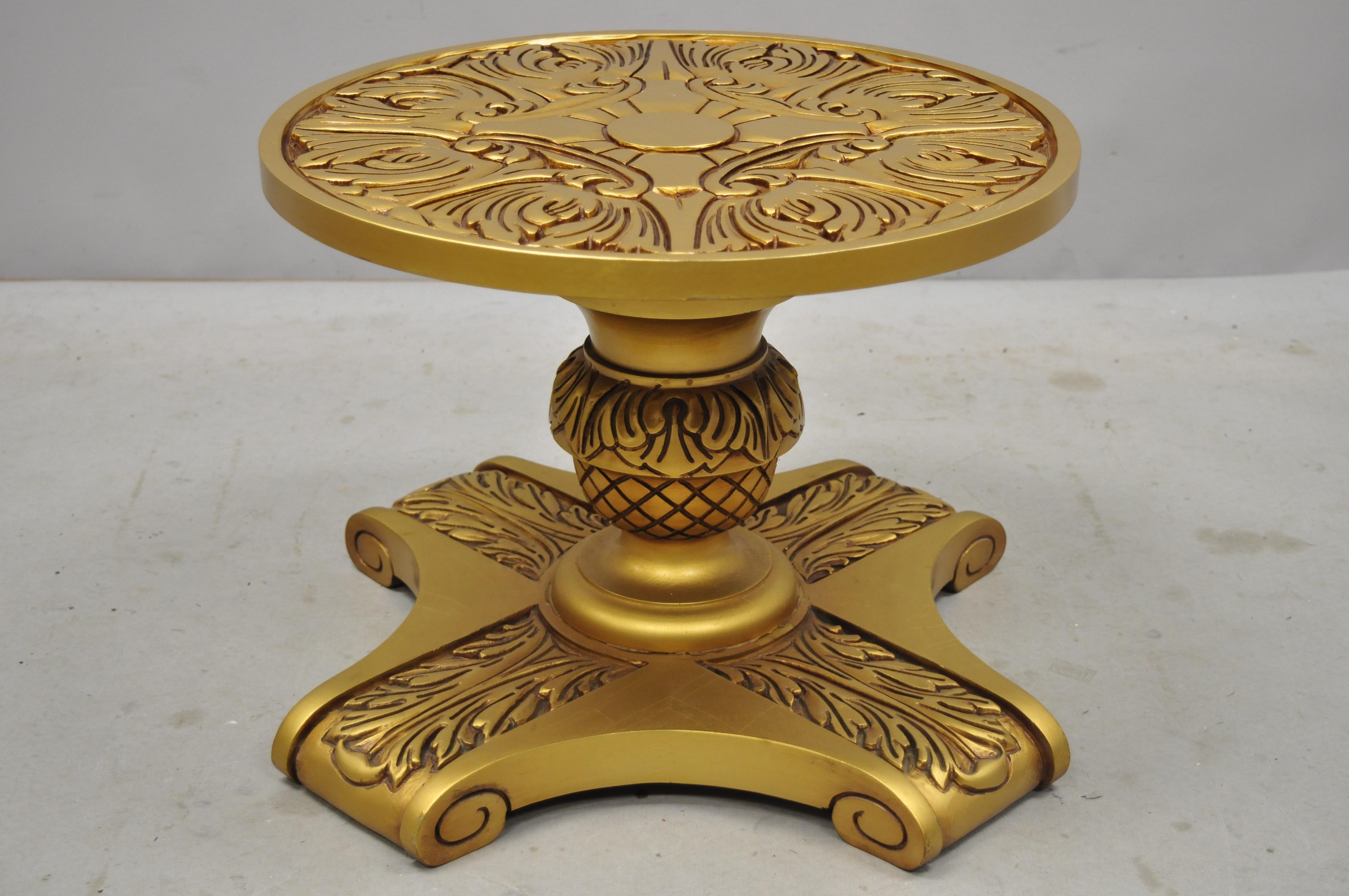 Hollywood Regency Dorothy Draper Style Gold Pedestal Base Glass Top Coffee Table For Sale 5