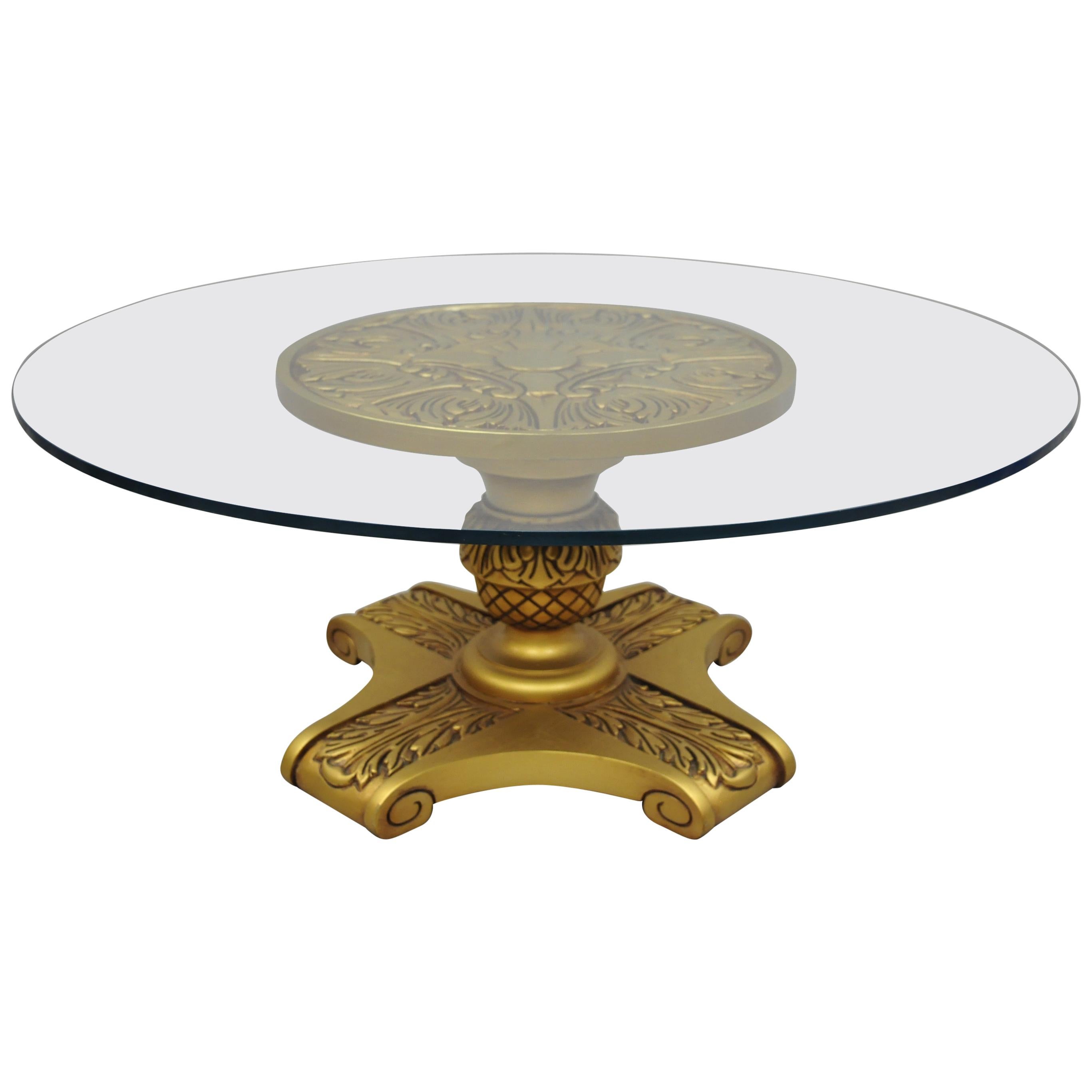 Hollywood Regency Dorothy Draper Style Gold Pedestal Base Glass Top Coffee Table