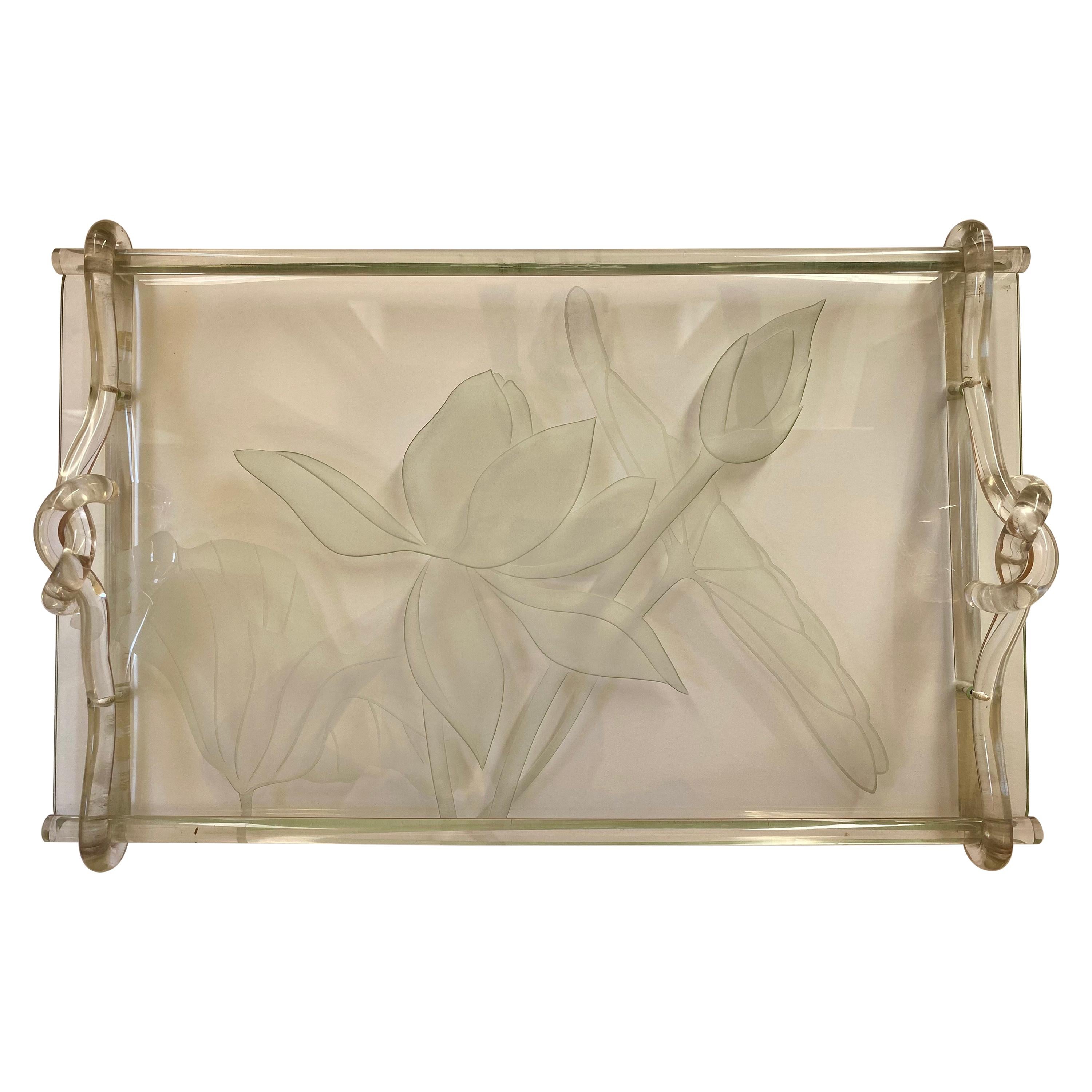 Hollywood Regency Dorothy Thorpe Frosted Glass Lucite Vanity Serving Tray Signed