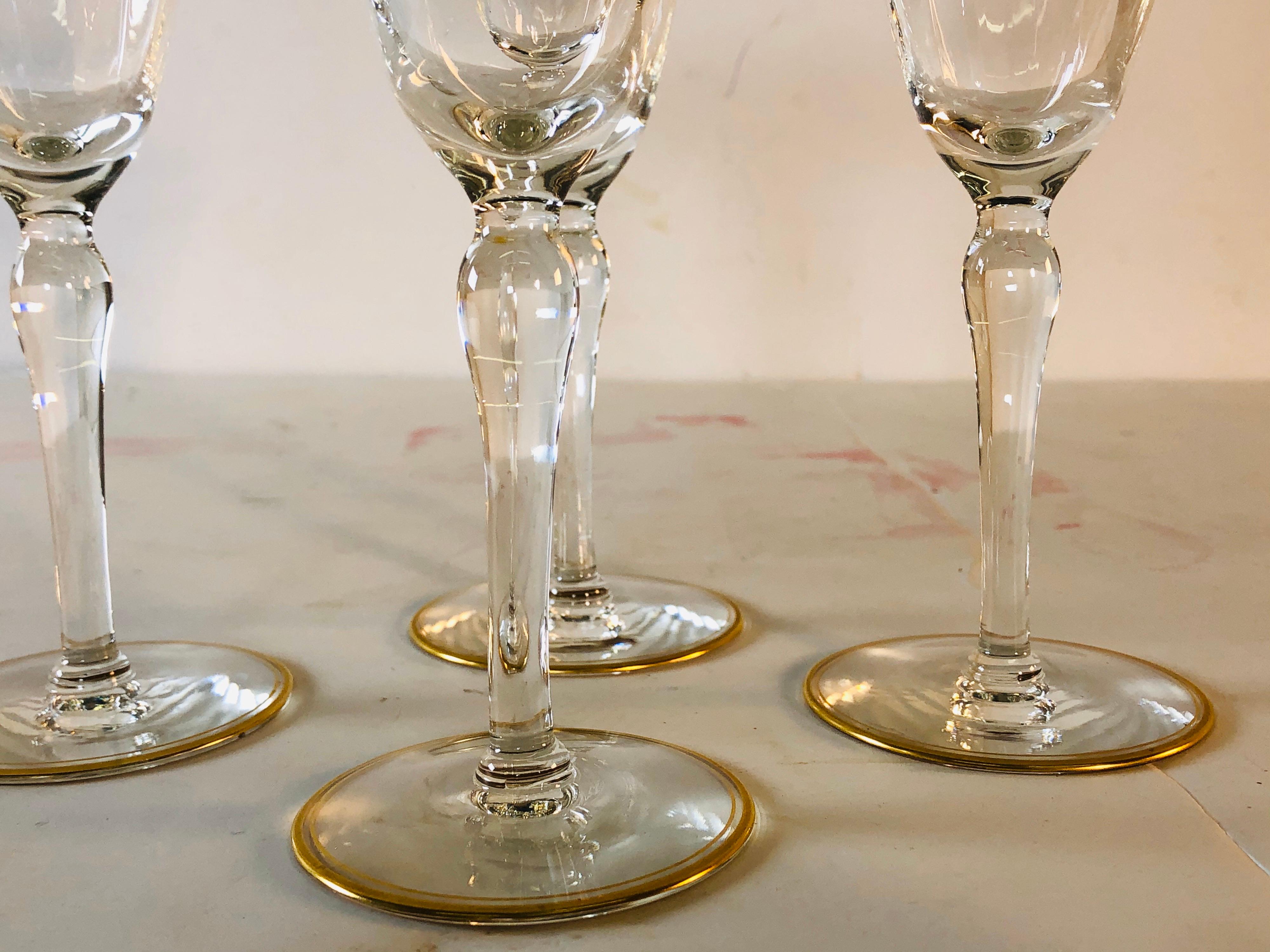 Glass Hollywood Regency Double Gold Rim Champagne Stems, Set of 4 For Sale