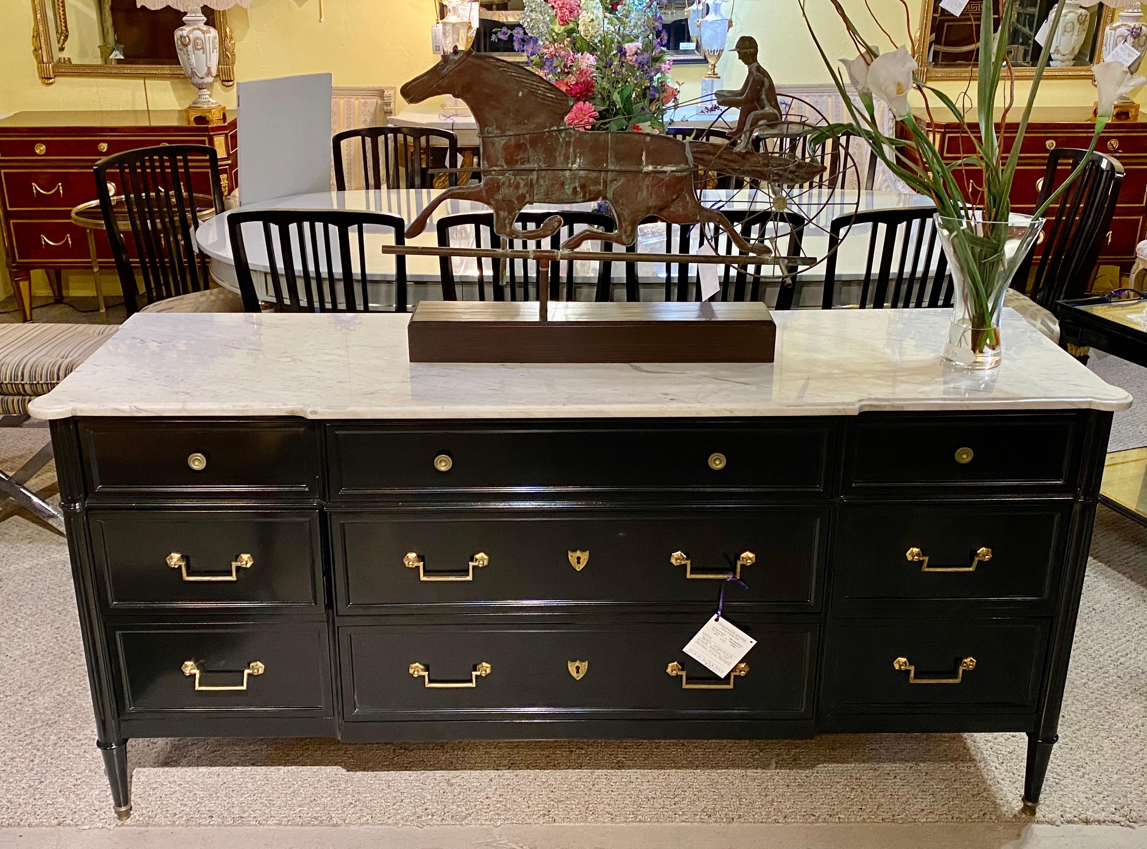 Hollywood Regency Dresser or Commode w. Marble-Top Jansen Style Black Lacquered 14