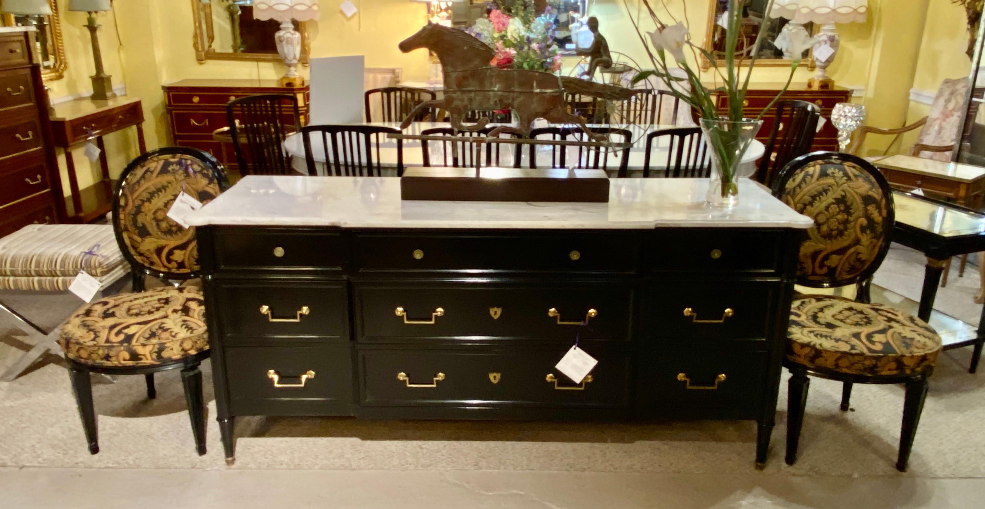 Hollywood Regency Dresser or Commode w. Marble-Top Jansen Style Black Lacquered 15