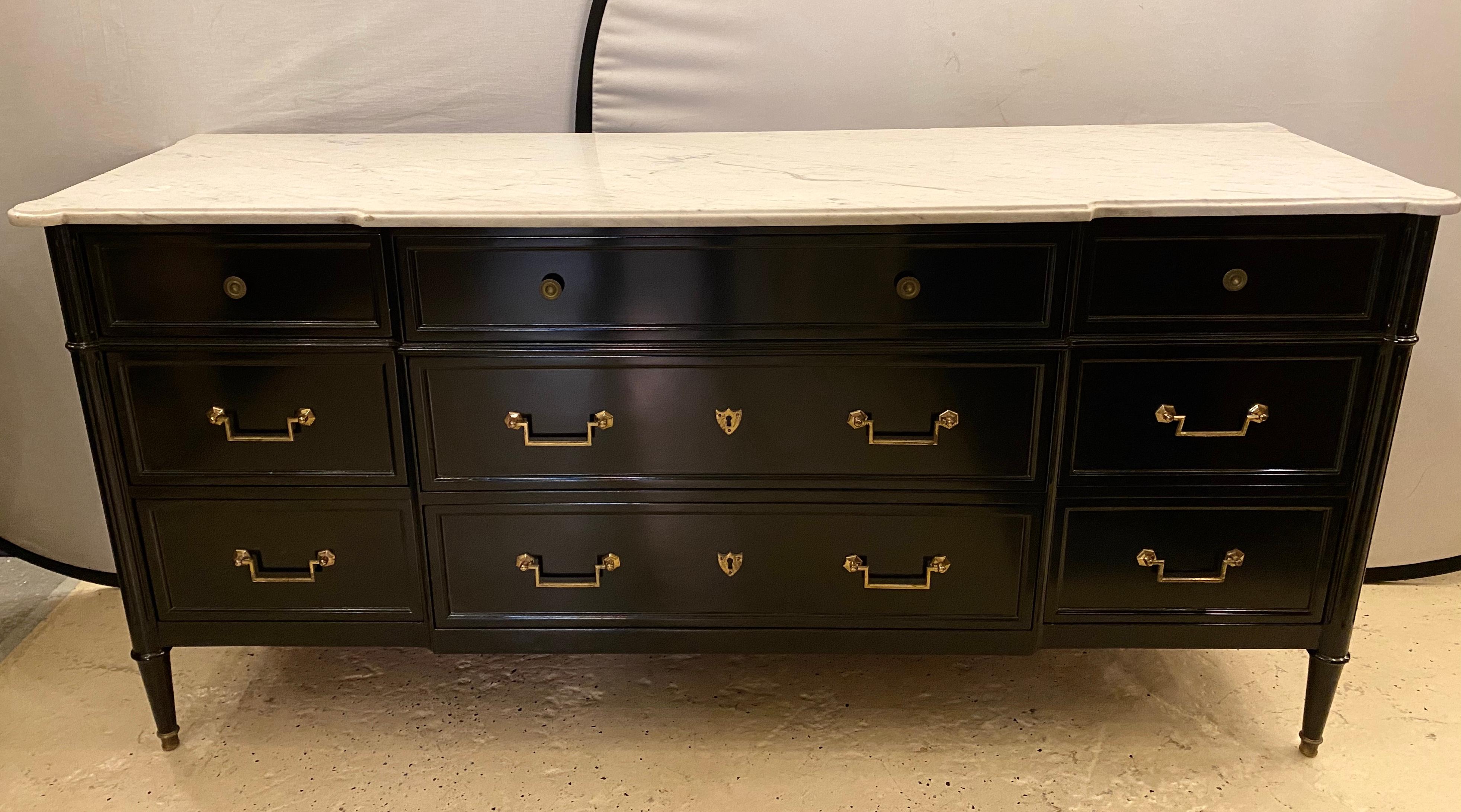 Hollywood Regency Dresser or Commode w. Marble-Top Jansen Style Black Lacquered In Good Condition In Stamford, CT