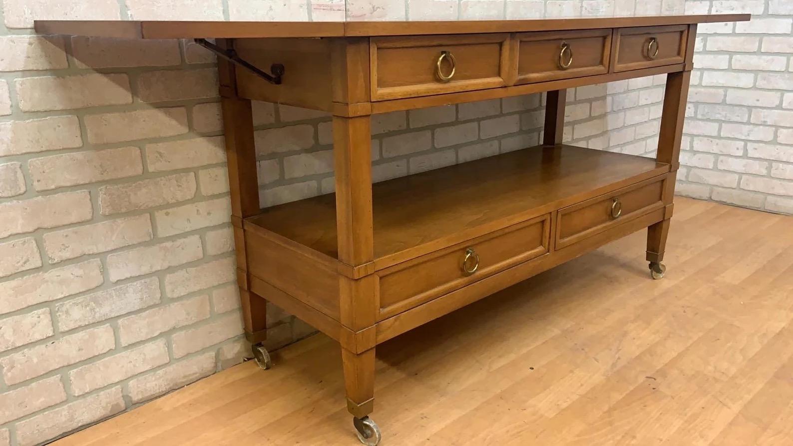 Wood Hollywood Regency Drop Leaf Rolling Bar Server with Drawers by Sleigh Furniture For Sale