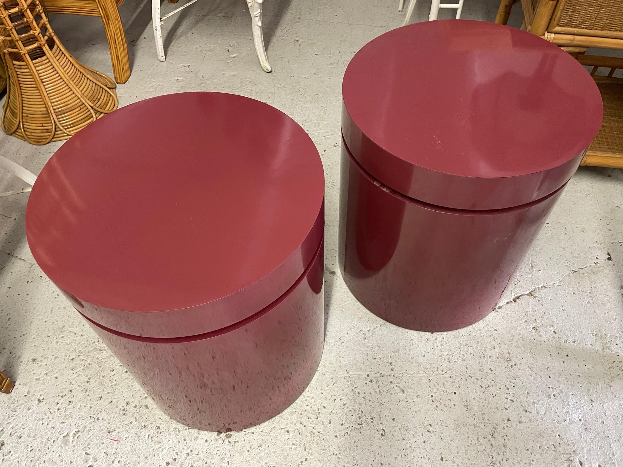Late 20th Century Hollywood Regency Drum Side Tables, a Pair