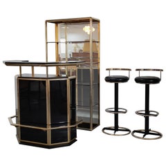 Hollywood Regency Dry Bar with Two Stools and Mirrored Shelf, Italy, 1980s
